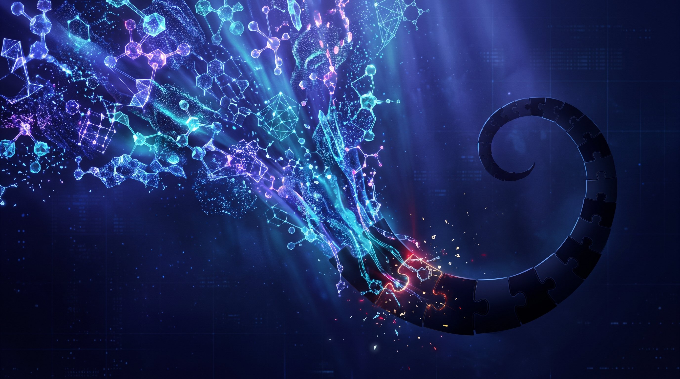 A curled scorpion's tail made of dark puzzle pieces, from which brightly glowing blue and purple molecular structures and particles of light spring out against a dark background.