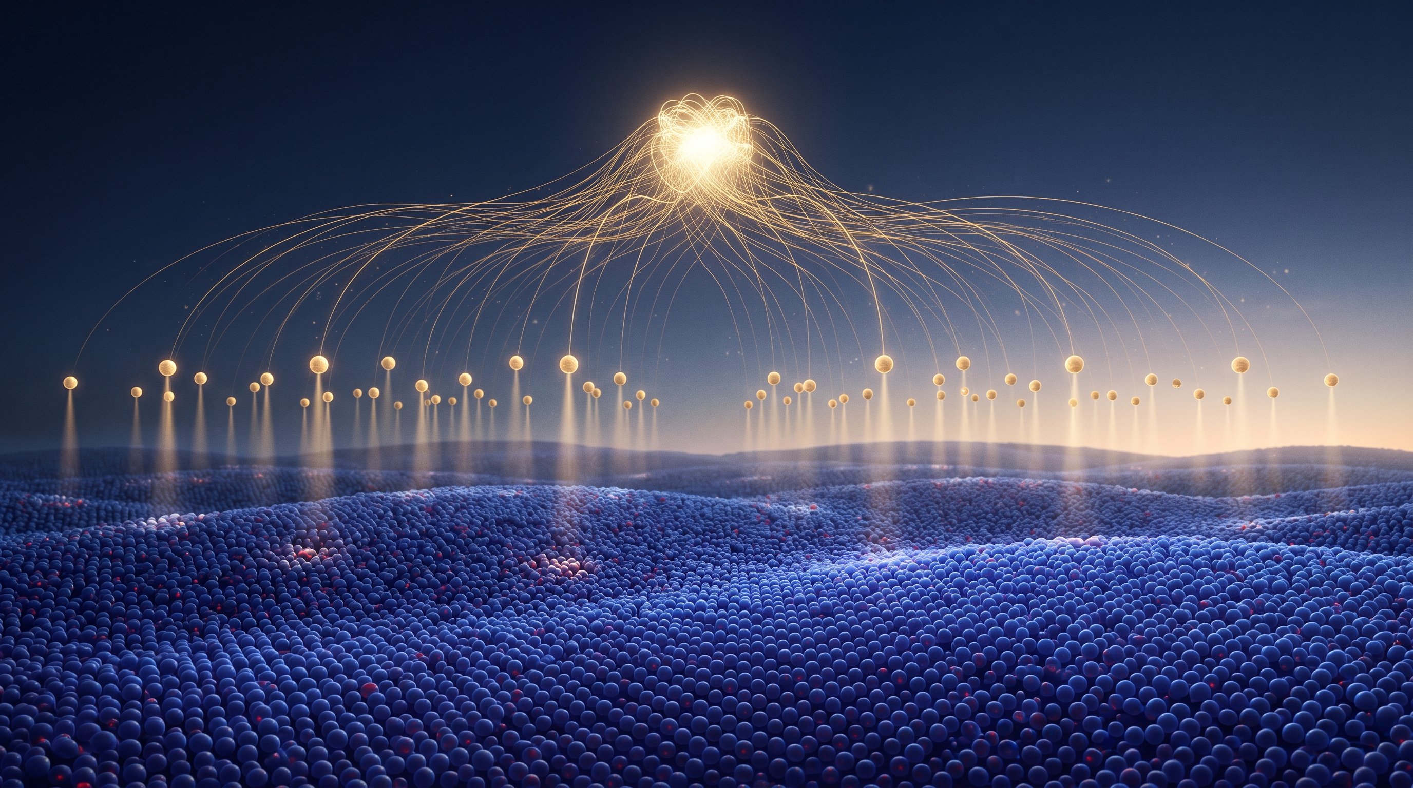 A rolling landscape of countless small blue spheres under a dark blue sky. Above it float rows of golden light spheres, each shining a beam downwards; thin golden threads run from all of them to one radiant knot.
