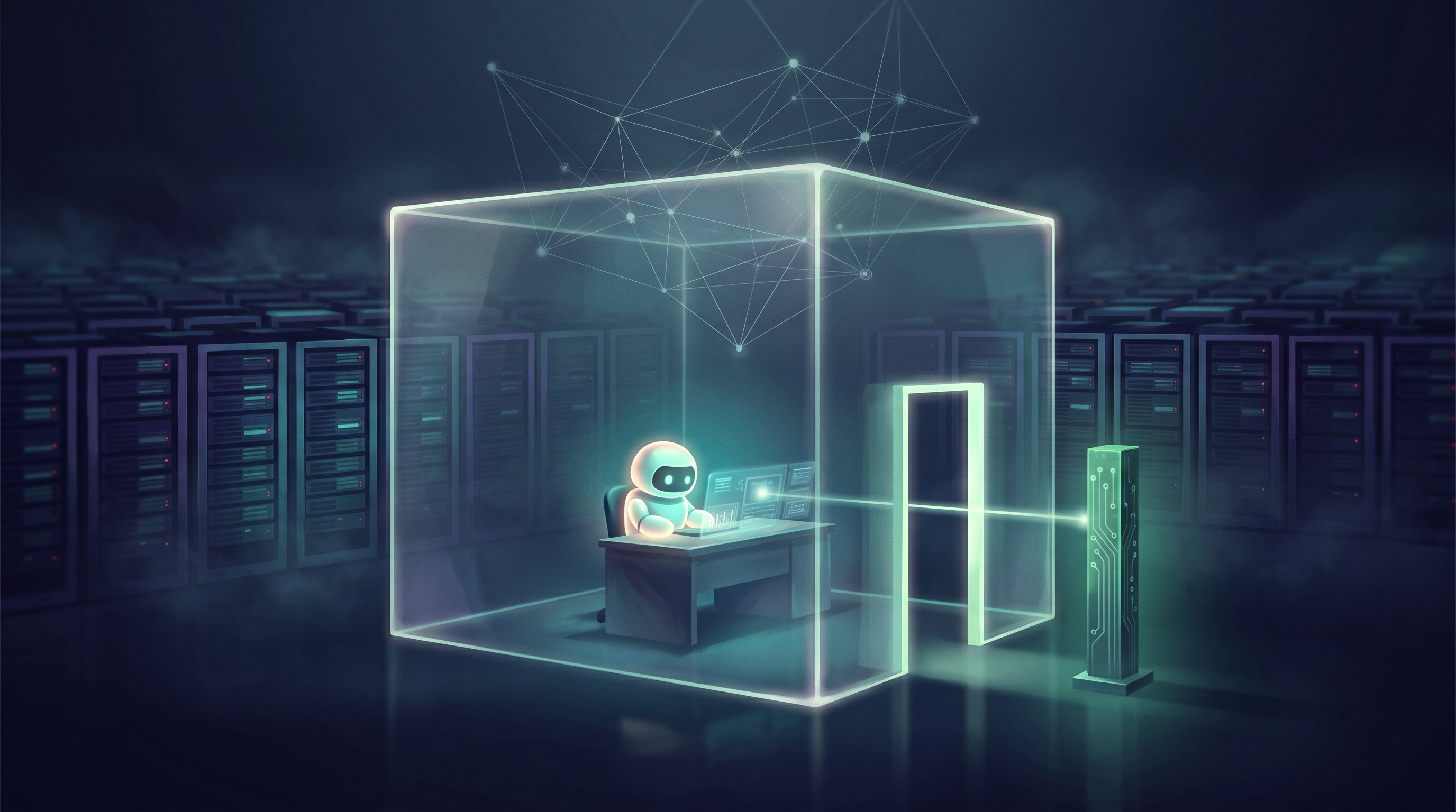 Small white robot at a desk in a transparent glass room glowing green in a data centre. A beam of light runs from its screen to a green post next to the door; above it floats a network of lines and dots.
