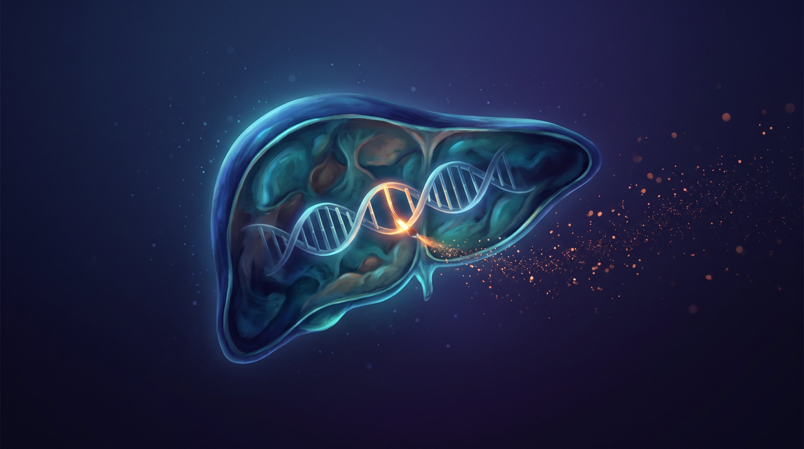 A liver glowing blue against a dark background. Inside it is a DNA strand with a glowing golden section and sparkling particles.