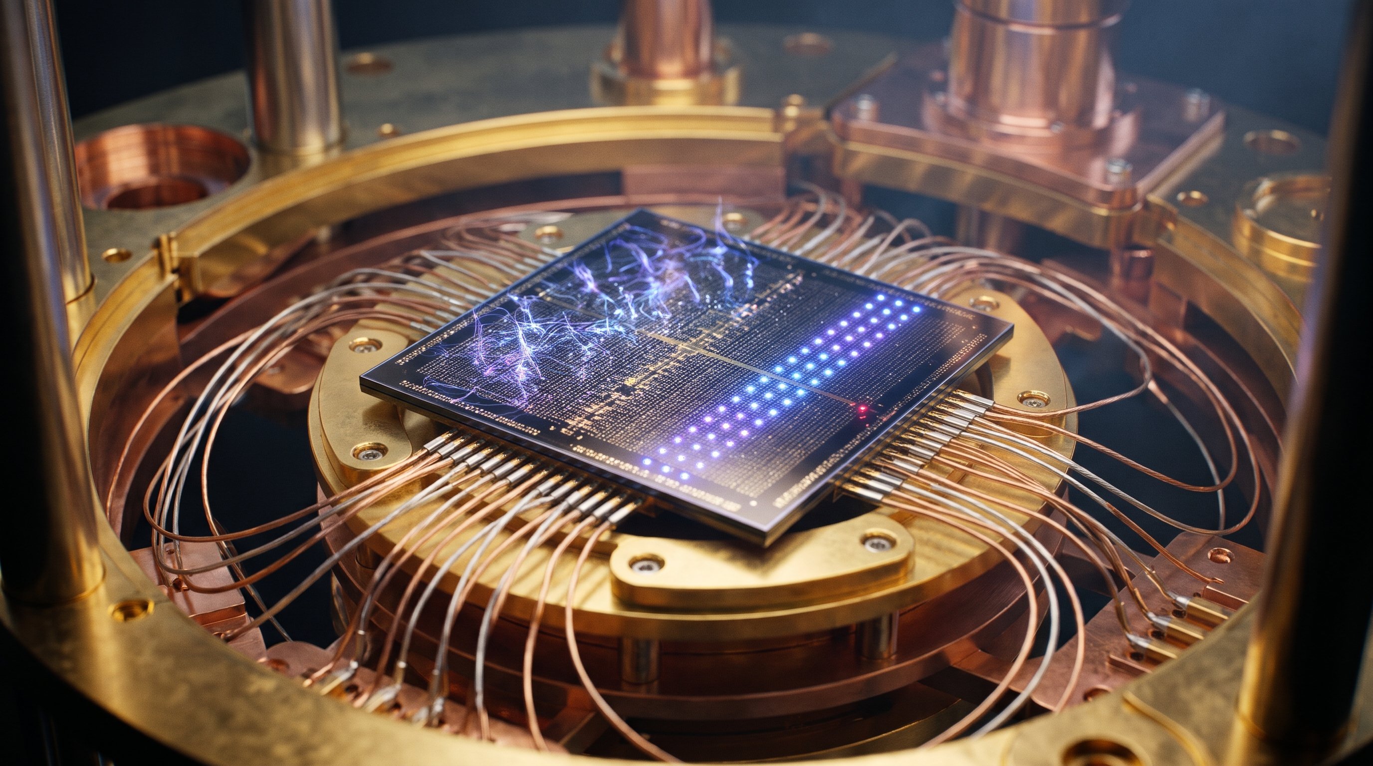 Quantum chip in a gold-coloured cooling set-up with copper cables; on the left of the chip, purple wisps of light swirl, on the right, glowing dots stand in neat rows.