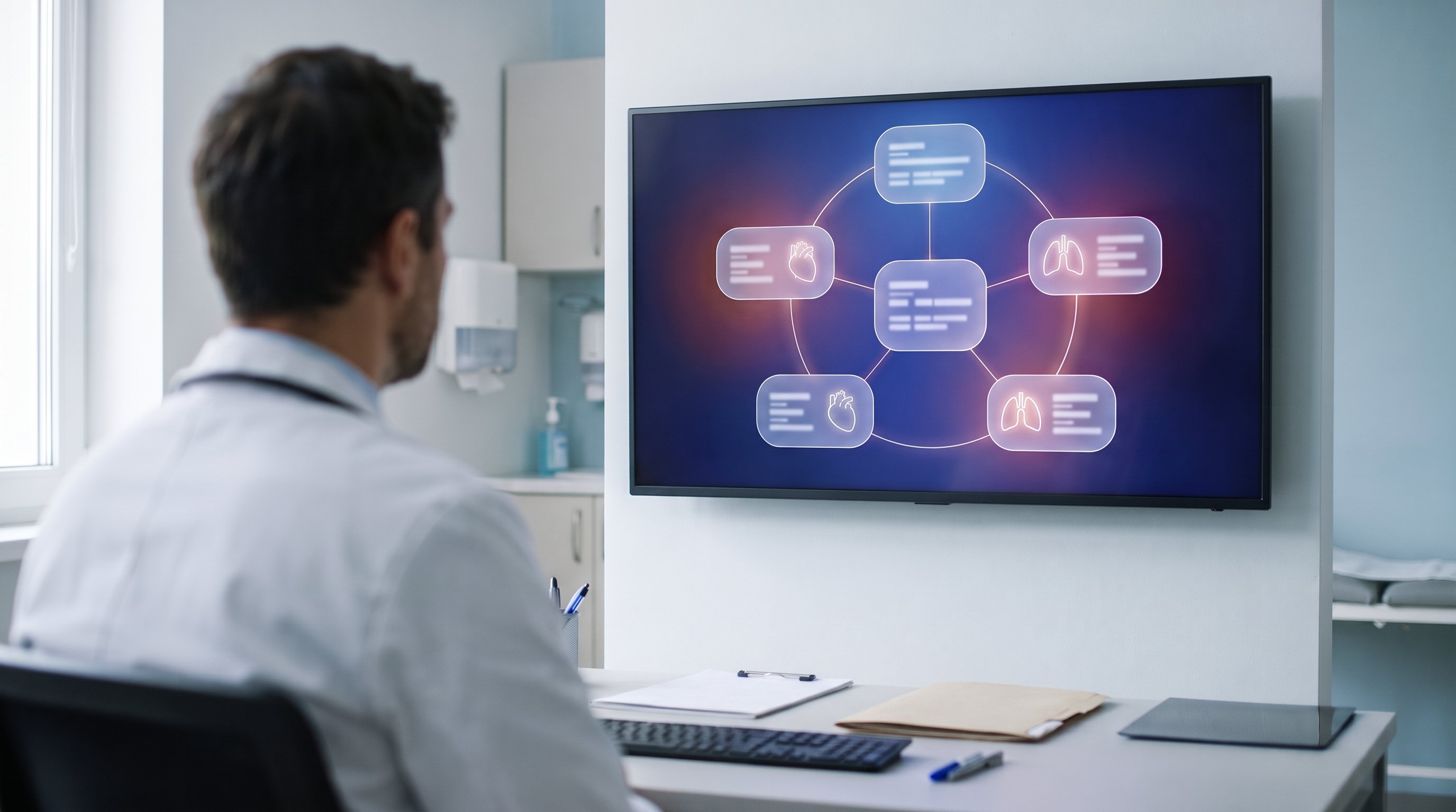 A doctor in a white coat, seen from behind, looks at a large screen in a bright consulting room showing five connected panels with heart and lung icons around one central panel.