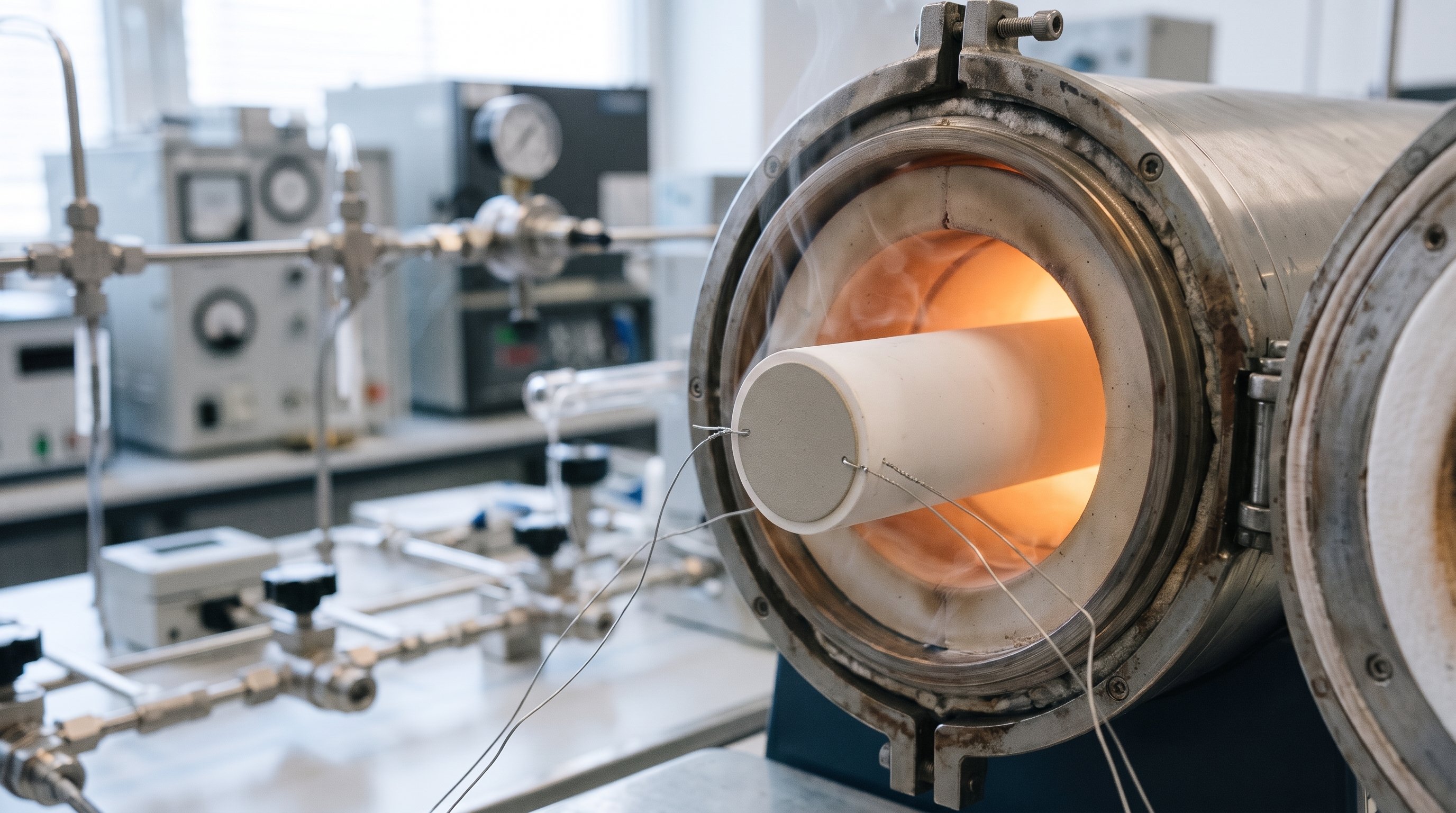 A round grey ceramic disc sits on the end of a white ceramic tube that sticks into a tube furnace glowing orange. Thin wires run to the disc. In the background, blurred gas lines and gauges in a lab.
