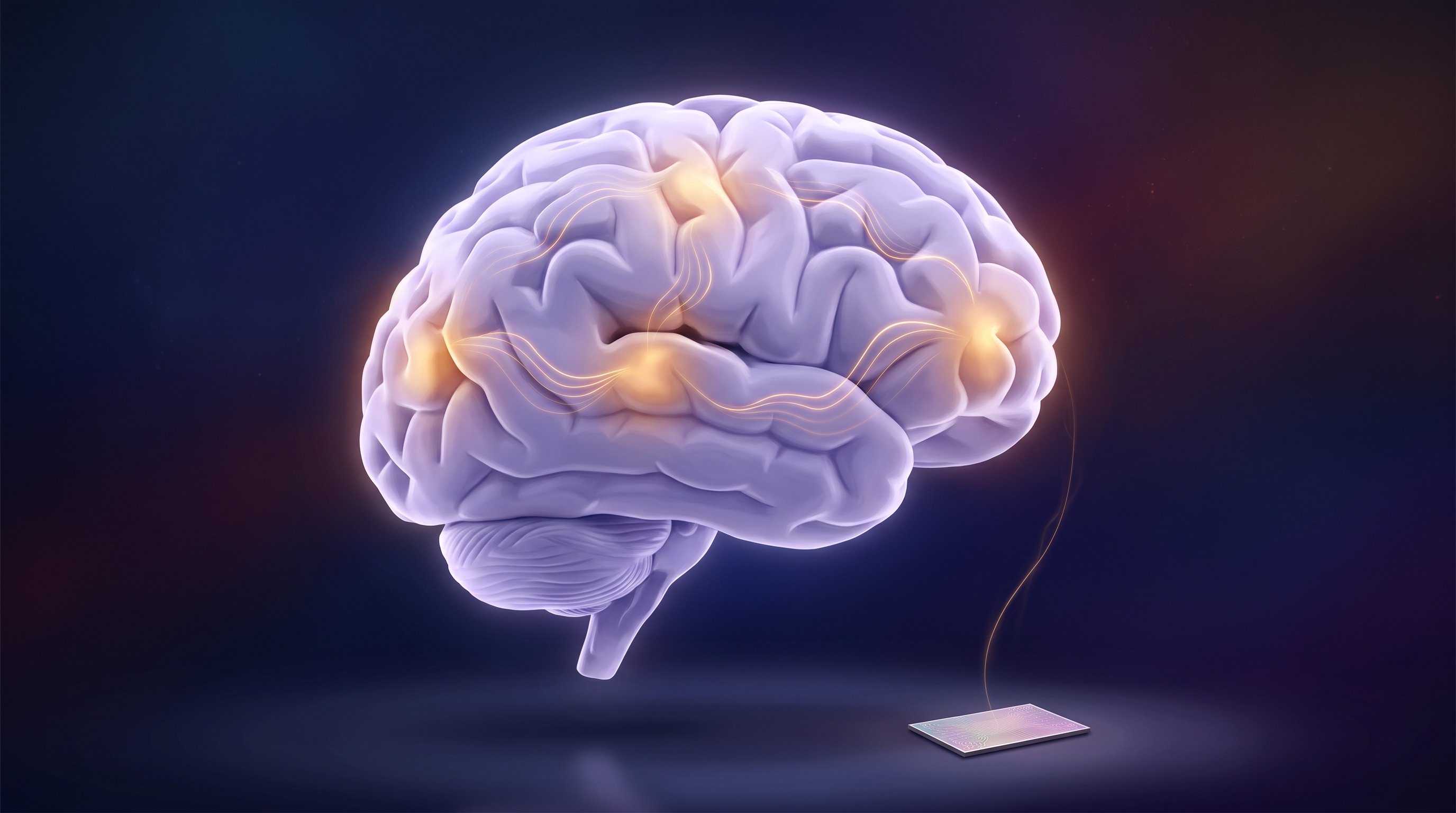 Side view of a lilac brain against a dark blue background, with four warmly glowing spots connected by wavy threads of light; at the bottom right lies a thin rectangular chip with a thread of light leading to the brain.