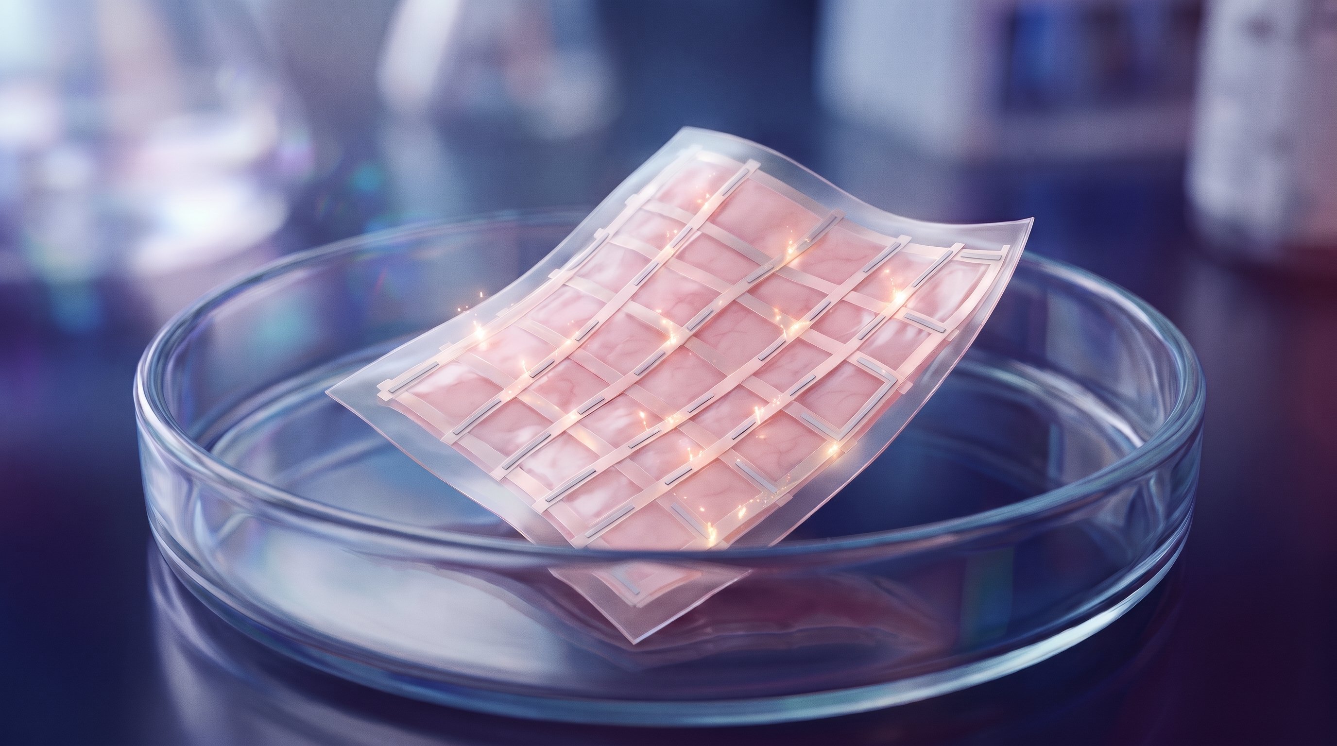A thin, curved transparent sheet with a grid of pale ribbons and small grey strips, filled with a flat pink layer of cells, above a glass Petri dish. Small golden sparks of light run along the strips.