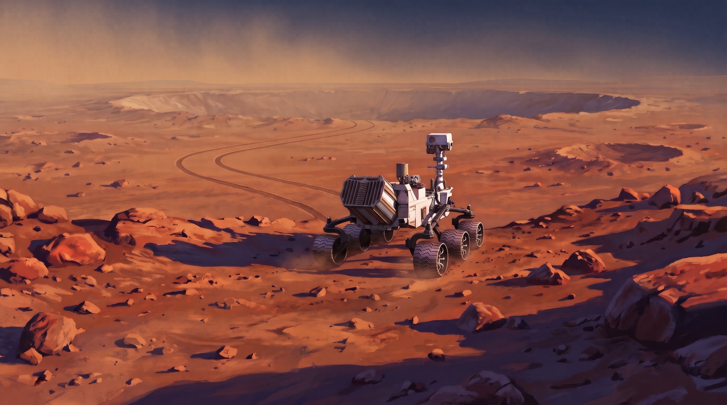 A six-wheeled Mars rover with a tall camera mast drives across rocky orange ground; behind it, its wheel tracks wind back to a large crater in the distance.