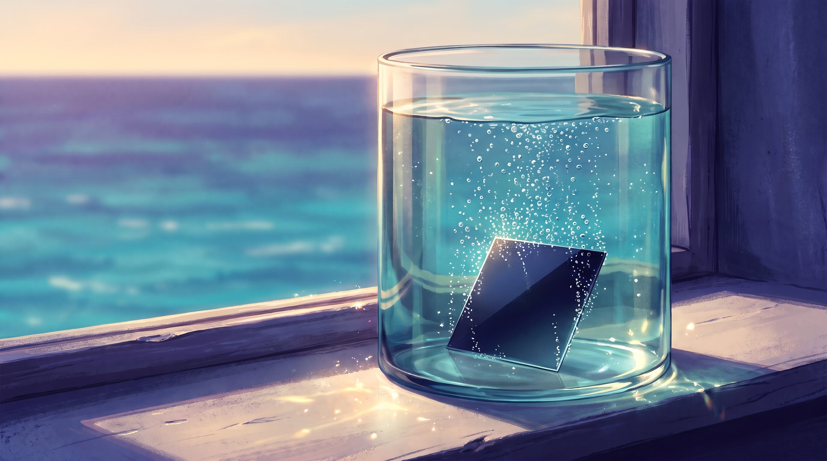 A thin, dark solar cell plate stands at an angle in a glass container of seawater on a windowsill; gas bubbles rise everywhere, with the sea in the background.