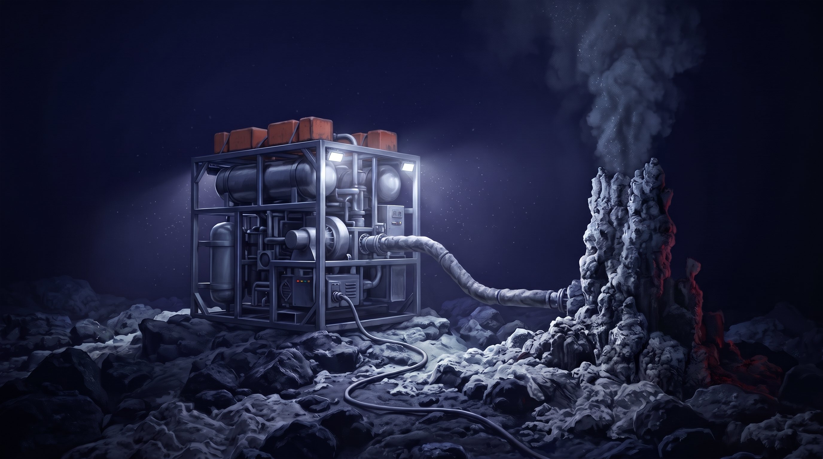 An open steel frame full of tanks, pipes and a turbine, with orange buoyancy blocks on top and lights on, stands on a dark volcanic seabed. A thick pipe runs to a rock chimney from which a grey cloud of hot water rises.