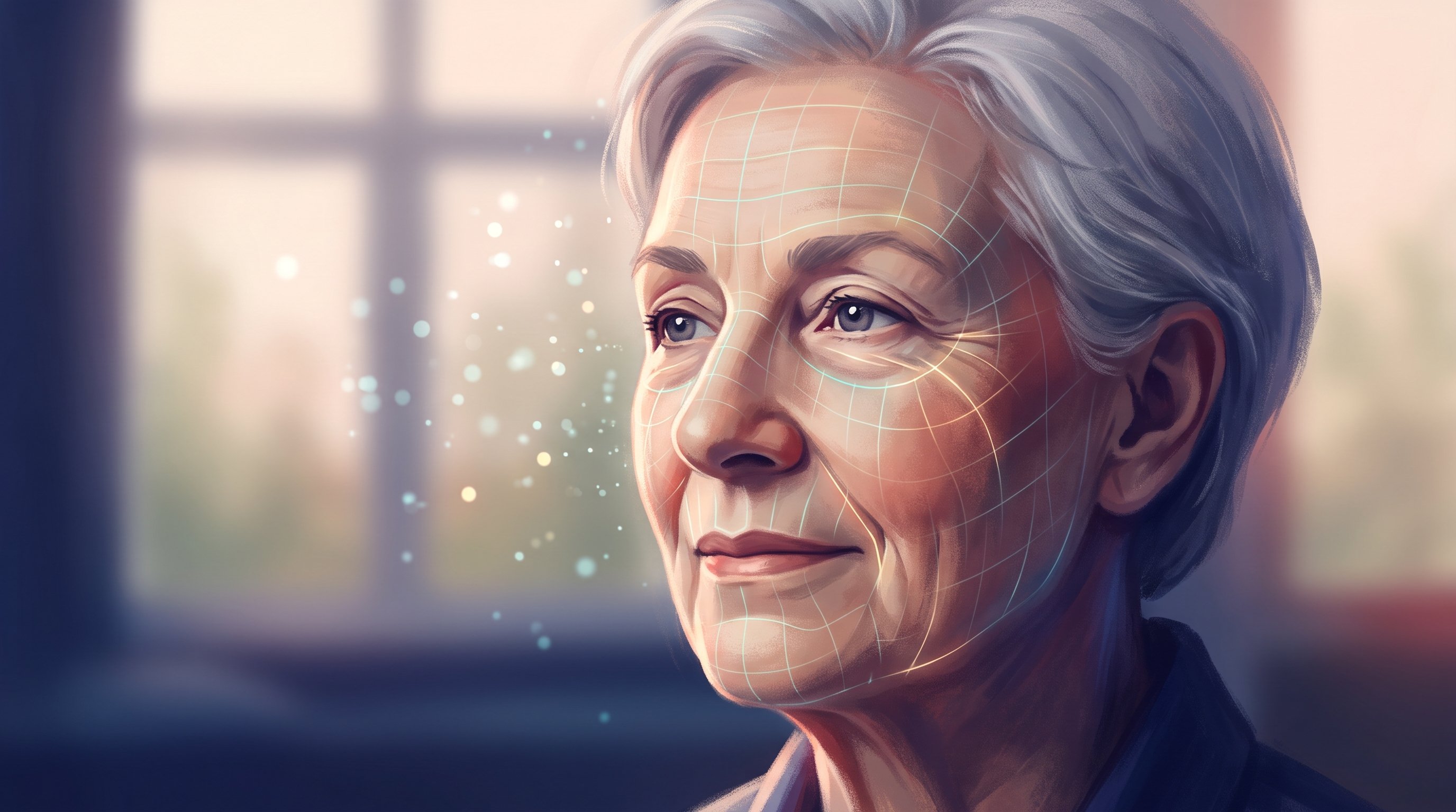 Painted portrait of a smiling older woman with grey hair. A fine glowing grid runs across her face, dots of light float beside her; in the background a blurred window.