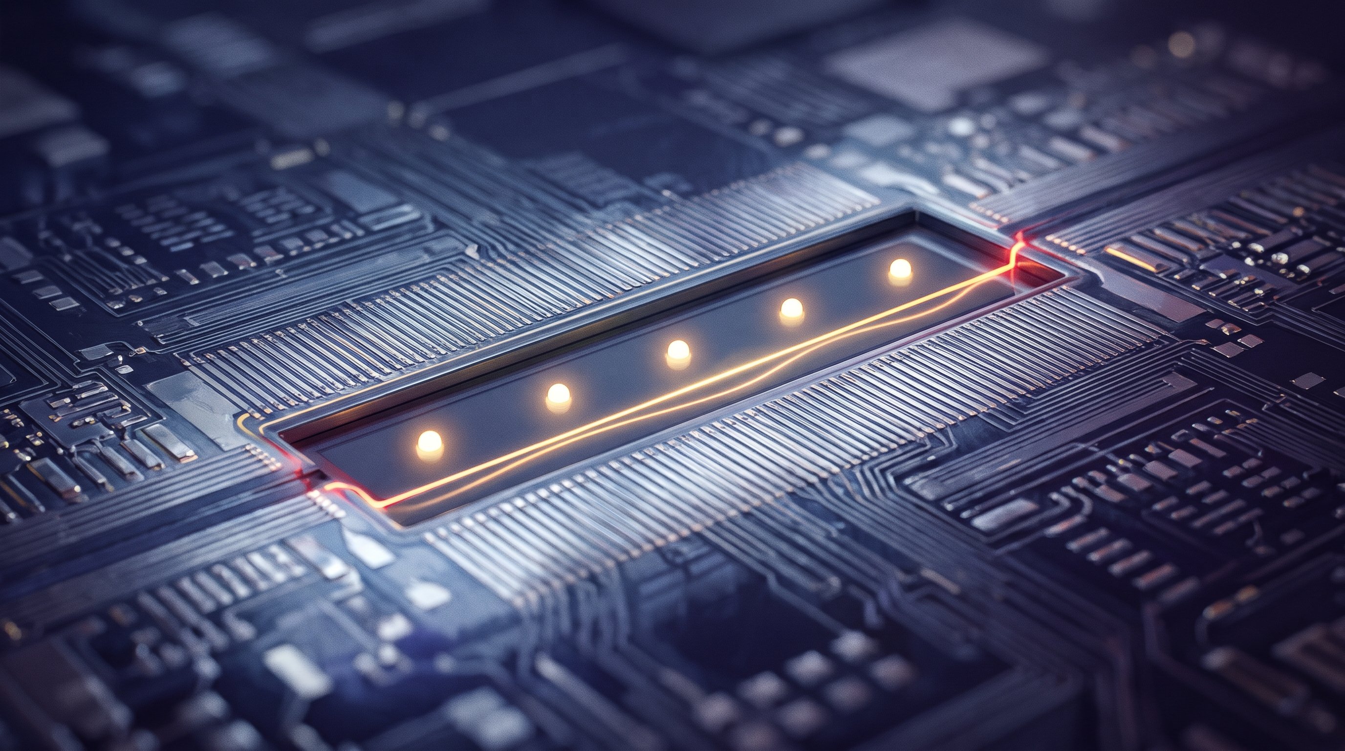 Close-up of a chip surface with a narrow groove in the middle holding five glowing points of light in a row, with one orange line of light running past all five.