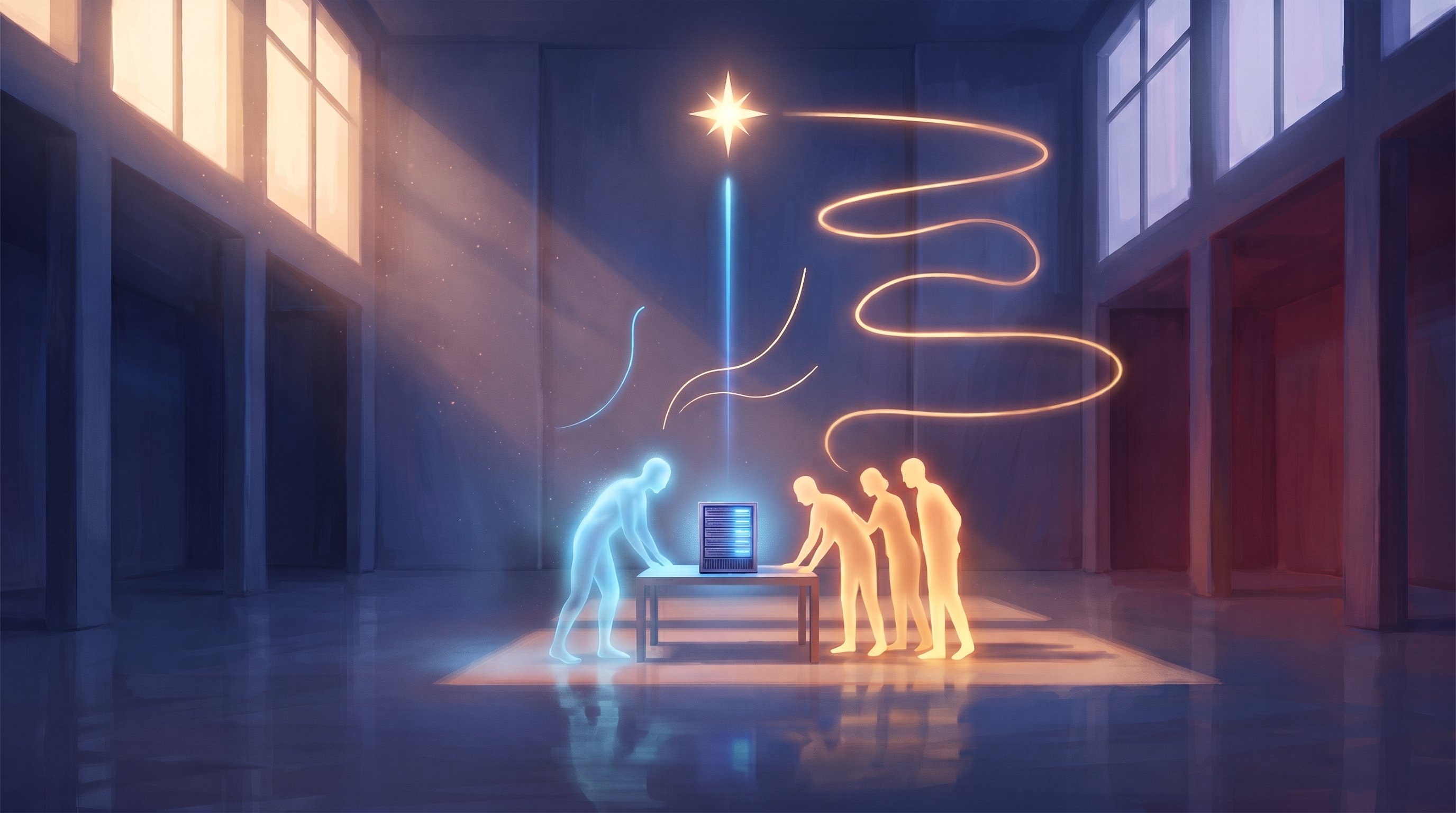 A transparent blue figure and three golden human silhouettes lean over a small server cabinet on a table in a bright hall; a straight blue beam of light and a long winding golden line lead to the same star.