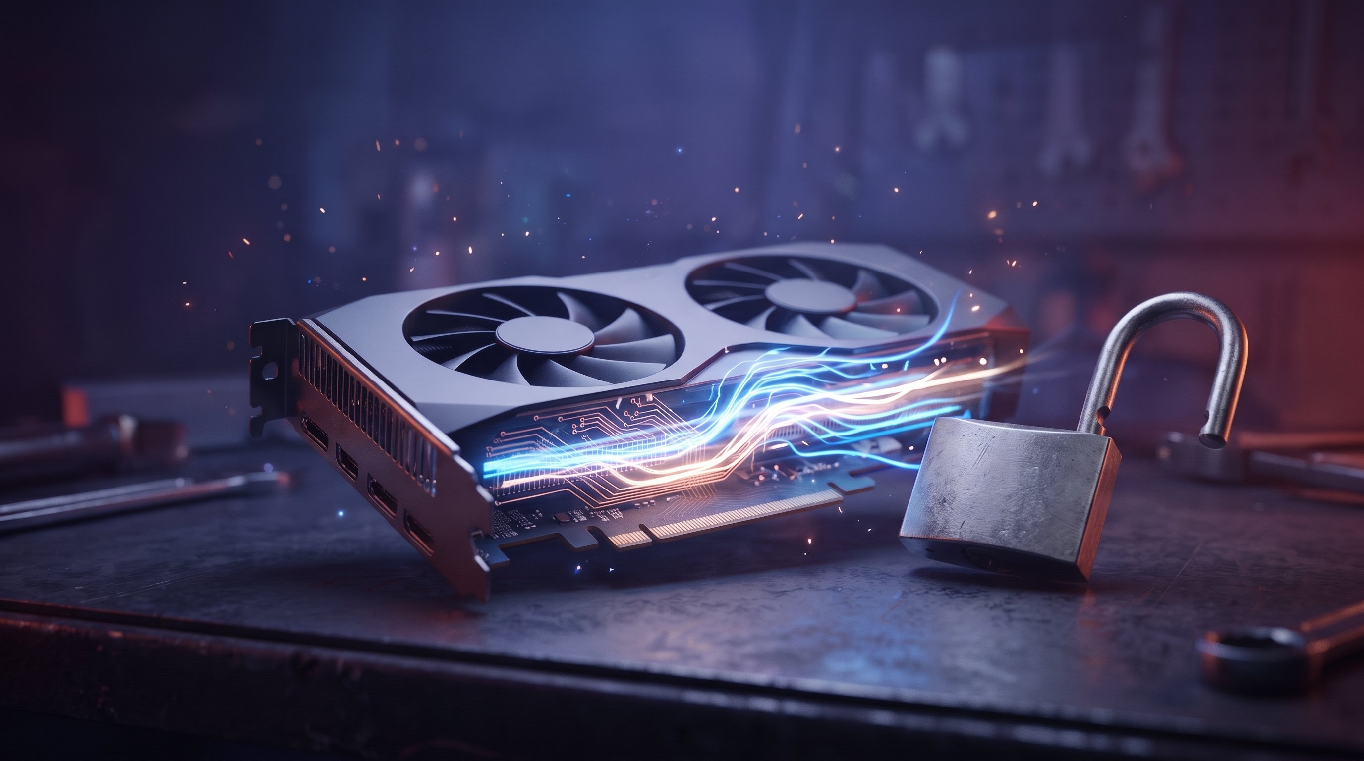 Graphics card with two fans on a dark workbench, with streams of blue and white light across the circuit board; next to it lies an open steel padlock.