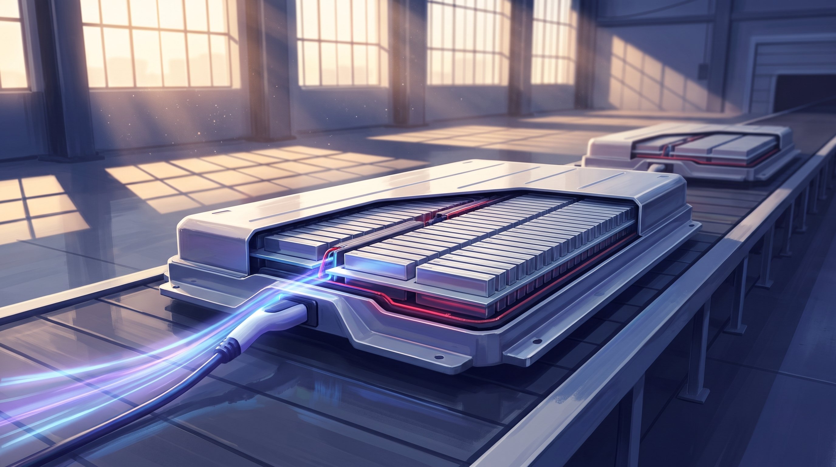 A flat battery pack for an electric car on a conveyor belt in a sunny factory hall, with the top partly open to show rows of rectangular cells. A charging cable with streams of blue light is plugged in; a second pack follows.