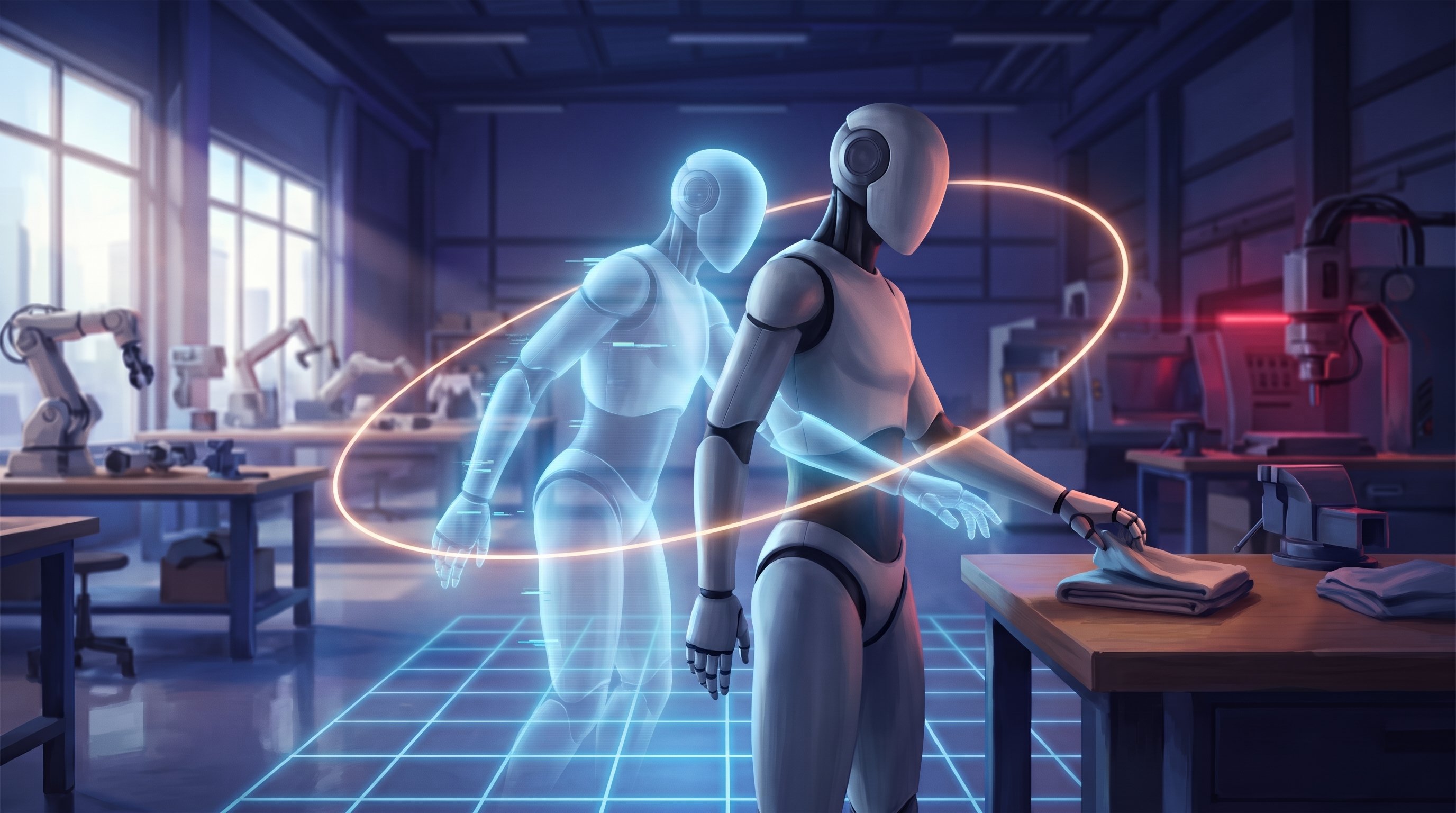 A white humanoid robot in a workshop picks up a folded cloth from a table; behind it, a translucent blue copy on a glowing grid makes the same movement, surrounded by an orange ring of light.