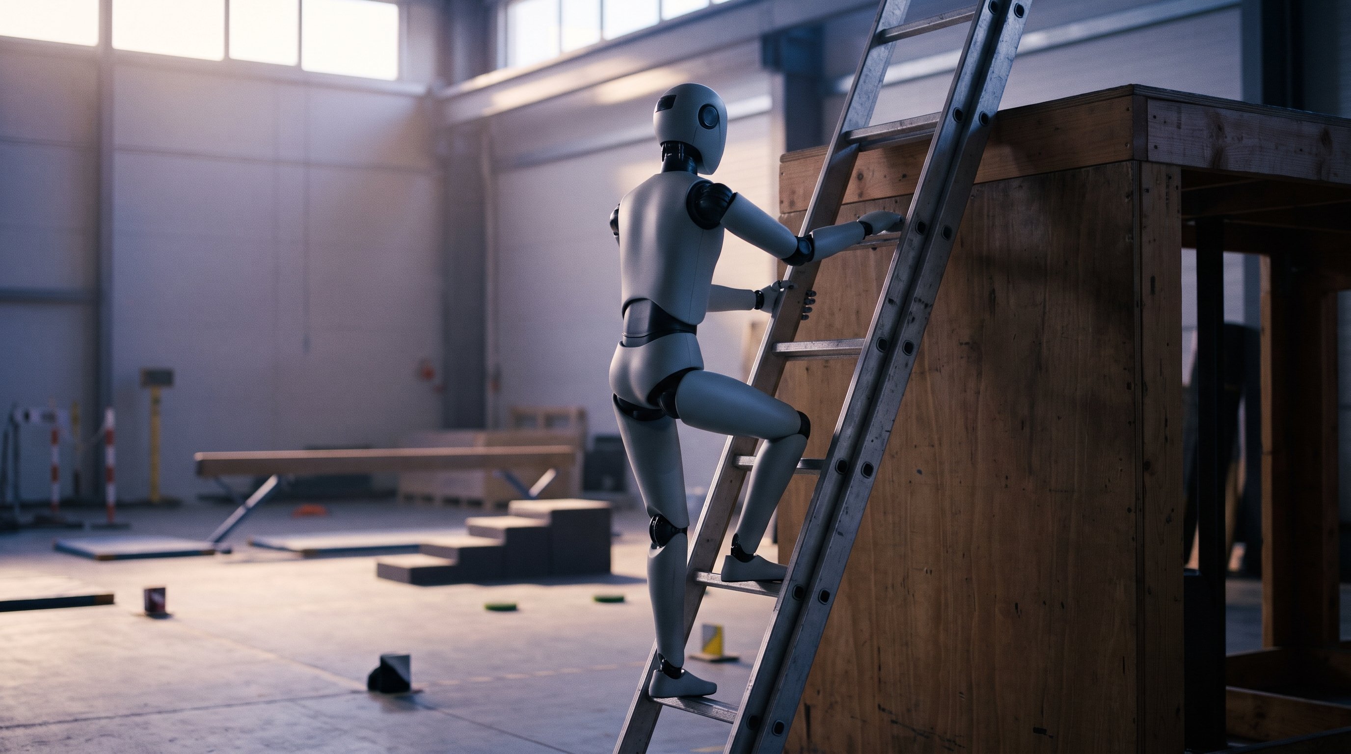 Grey humanoid robot, seen from behind, climbing an aluminium ladder that leans against a tall wooden platform. In the background, a test hall with a beam and steps.