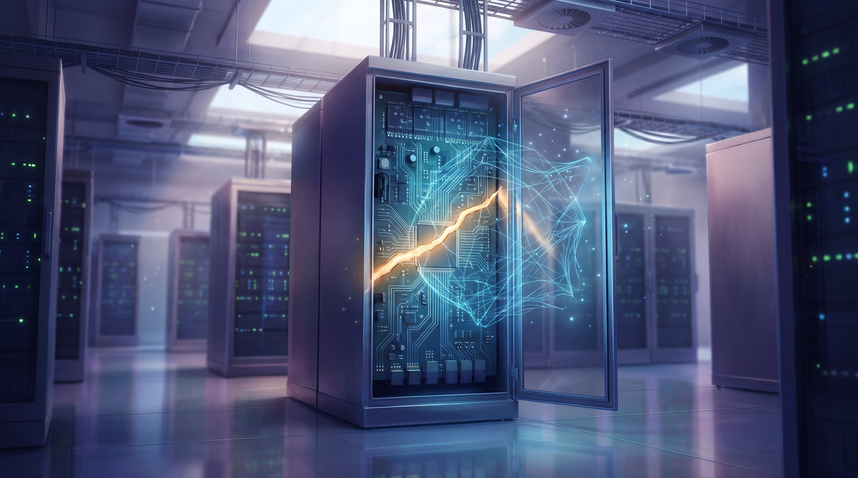 Open server rack in a bright server room; a glowing golden crack runs across the circuit board, followed by a web of fine blue light lines. Rows of server racks with green lights in the background.