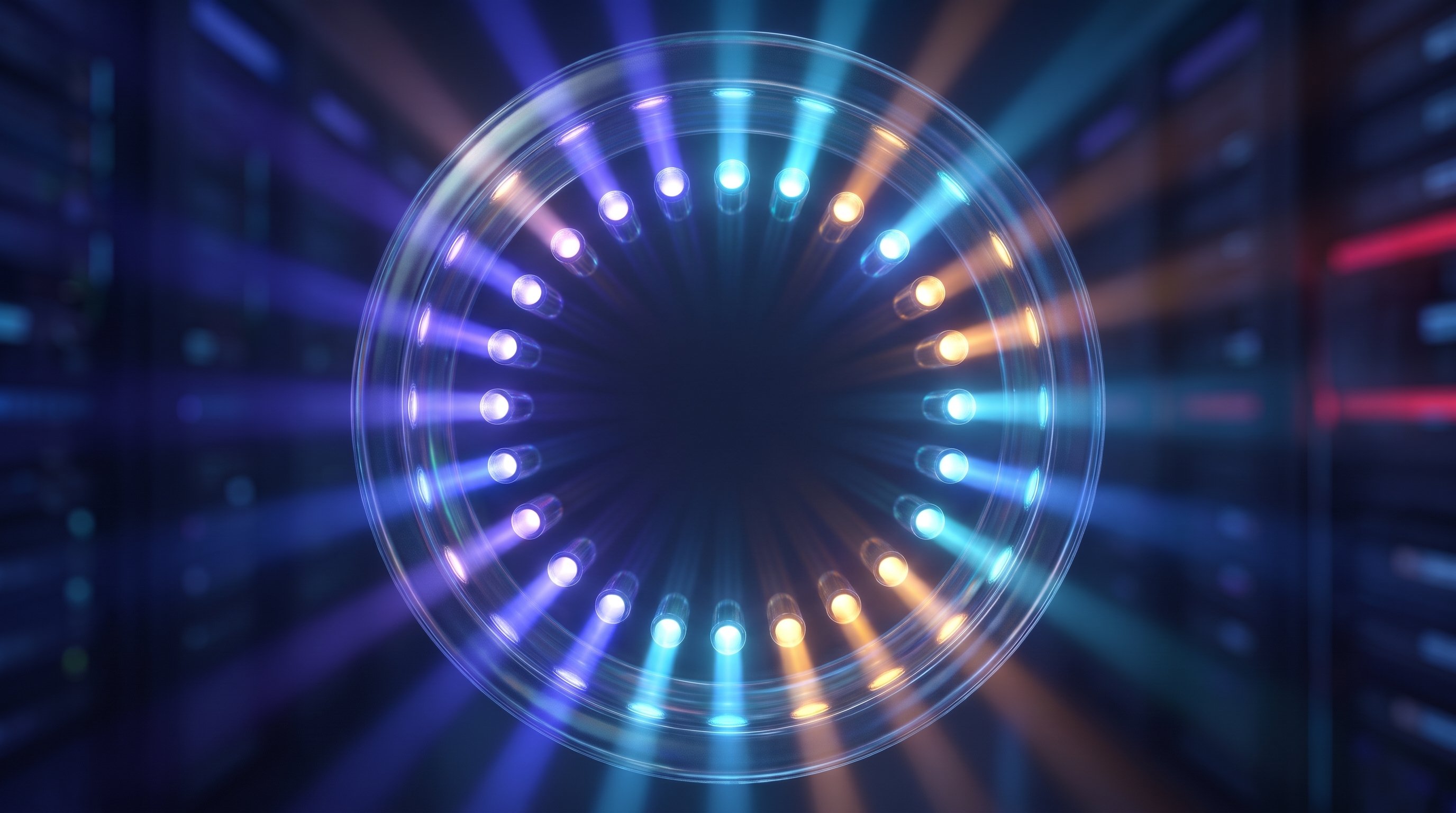 The end of a glass fibre with a ring of 24 glowing cores in blue, purple and orange, with beams of light shining outwards against a blurred background of server racks.