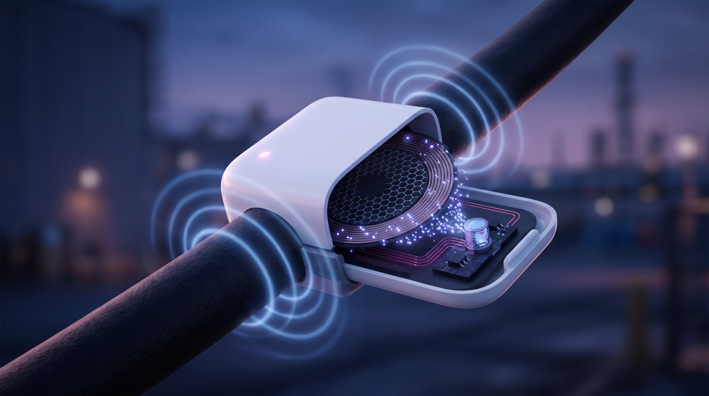 White sensor box clamped around a black power cable, shown in cut-away: inside, a coil around a hexagonal graphene pattern, from which particles of light flow to a small capacitor. Blue rings around the cable show the magnetic field.