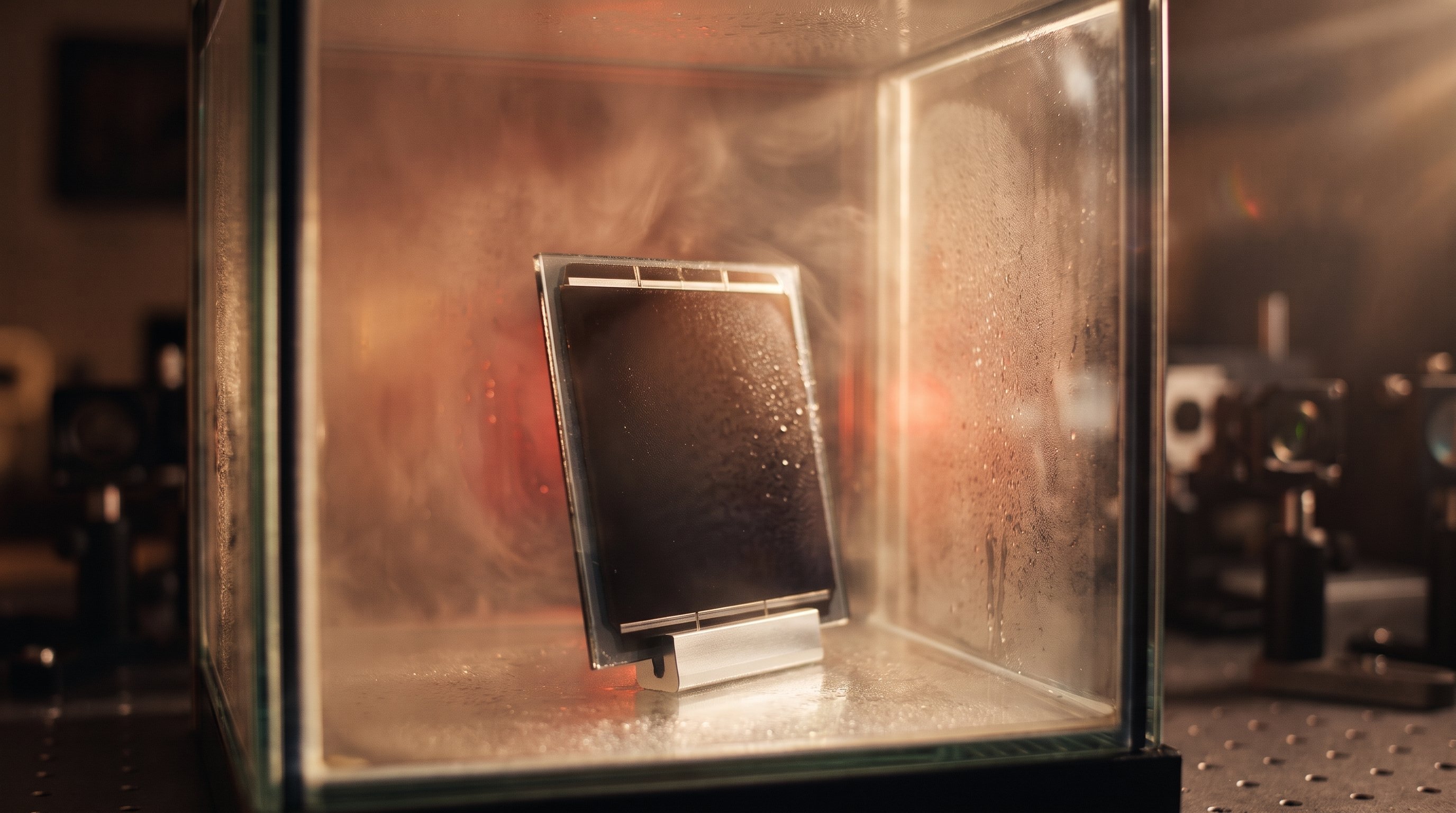 A dark brown, almost black solar cell on glass with silver contact strips stands upright in a glass test chamber full of warm, humid air and condensation droplets.