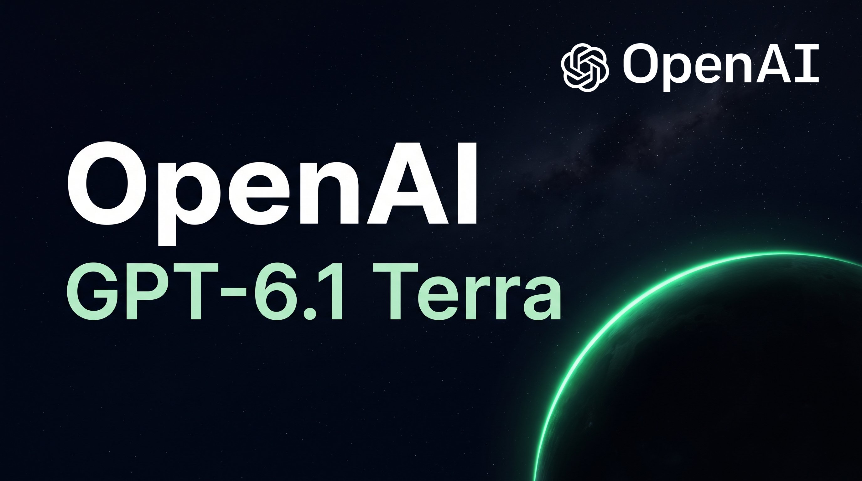 Title card with OpenAI in large white letters and GPT-6.1 Terra below it in light green, against a starry sky with a dark planet with a green glowing rim at the bottom right and the OpenAI logo at the top right.