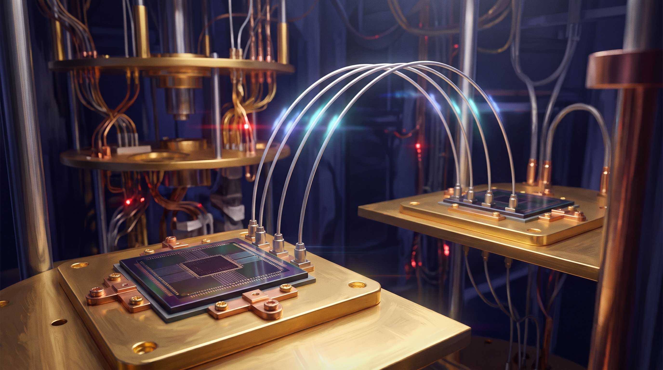 Two square chips on gold-plated plates in a cooling system, connected by four thin silver cables that arch from one chip to the other, with soft blue pulses of light.