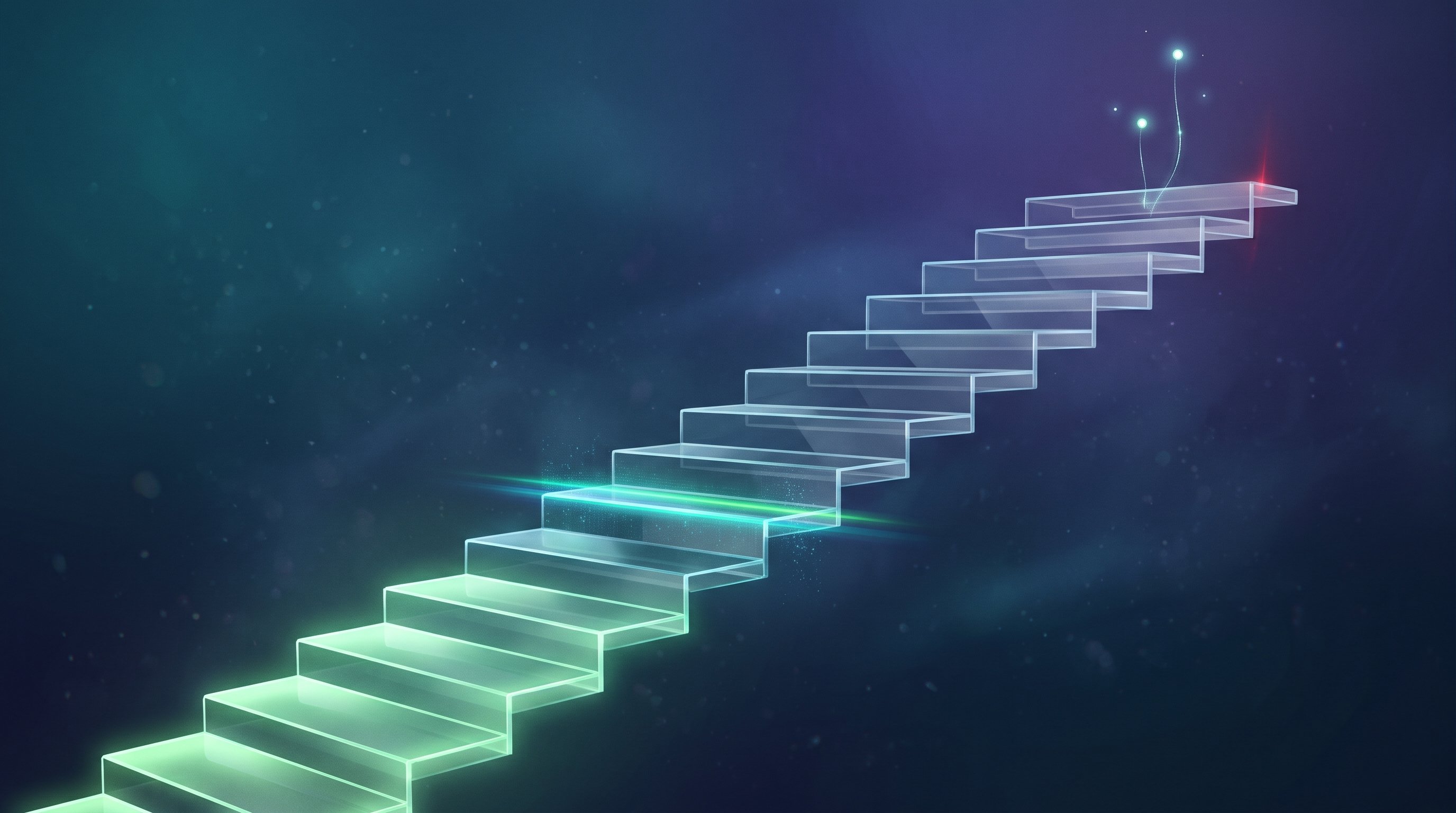A staircase of transparent glass steps in a dark-blue space; the lower steps glow green, a band of light moves across the next step, and two small points of light hover at the top of the staircase.