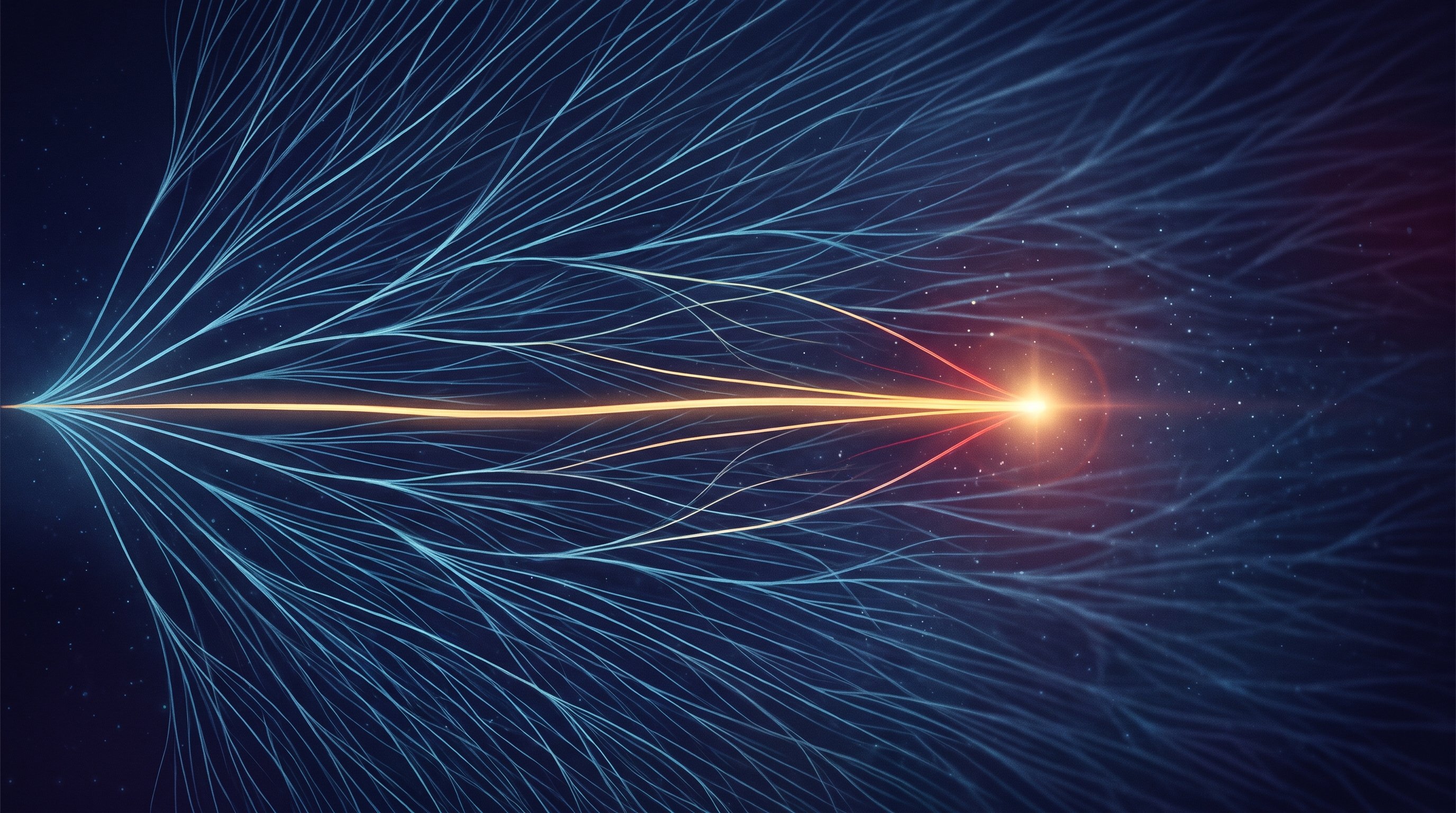 Thousands of thin blue lines of light fan out from a single point on the left across a dark blue background; one bright golden line runs straight through the web to a radiant point of light right of centre.