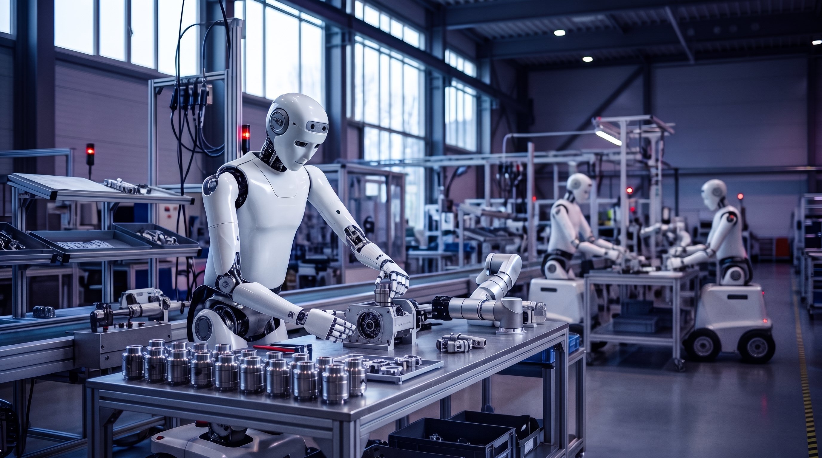 White humanoid robot in a bright factory hall presses a cylindrical metal part into a housing; rows of identical parts stand on the workbench, and two robots on wheeled bases work in the background.