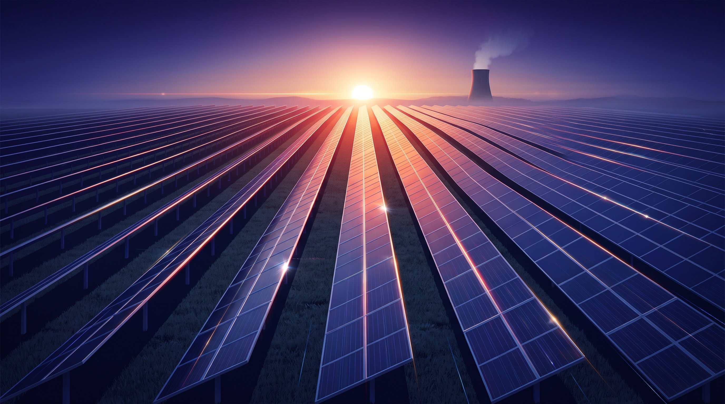 Long rows of solar panels stretching to a bright horizon at sunrise, with a nuclear power plant cooling tower in the background.