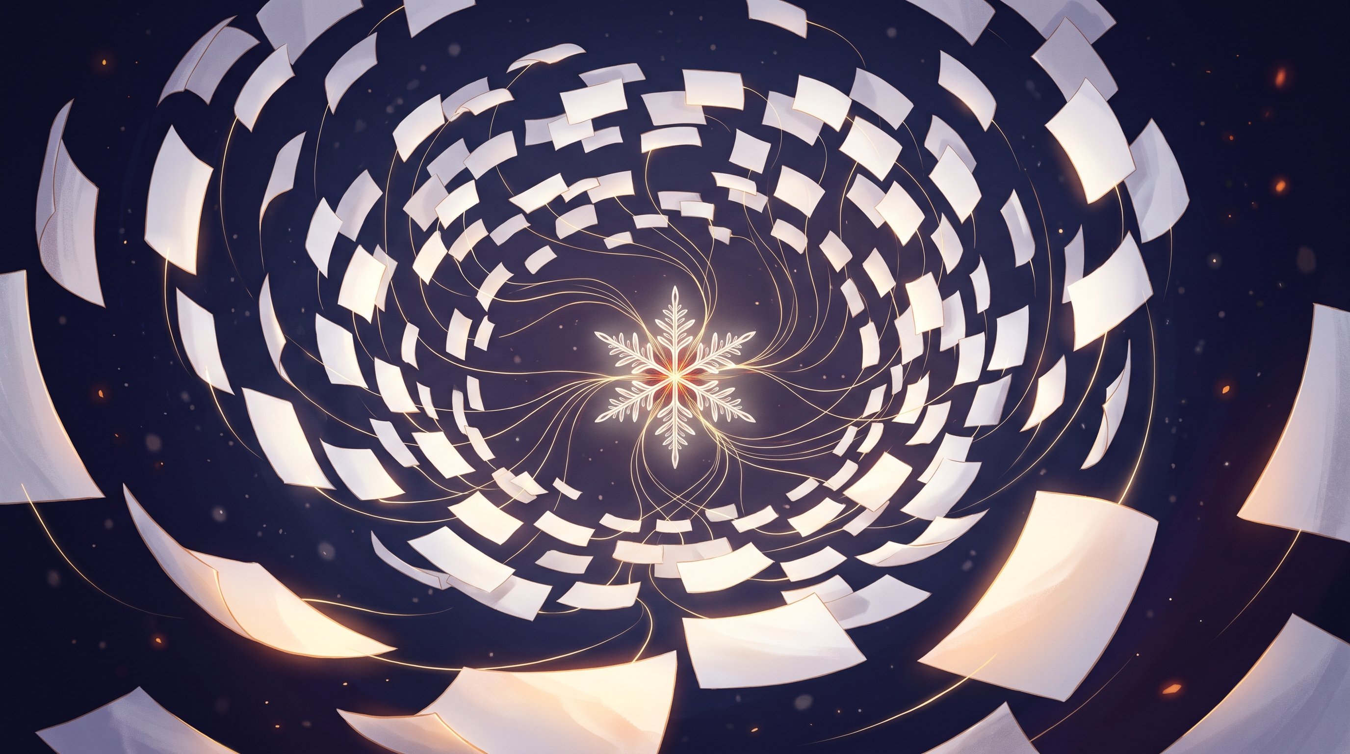 Thousands of blank sheets of paper float in a large spiral around a glowing, symmetric snowflake-shaped star, linked by thin golden threads of light, against a dark blue background.