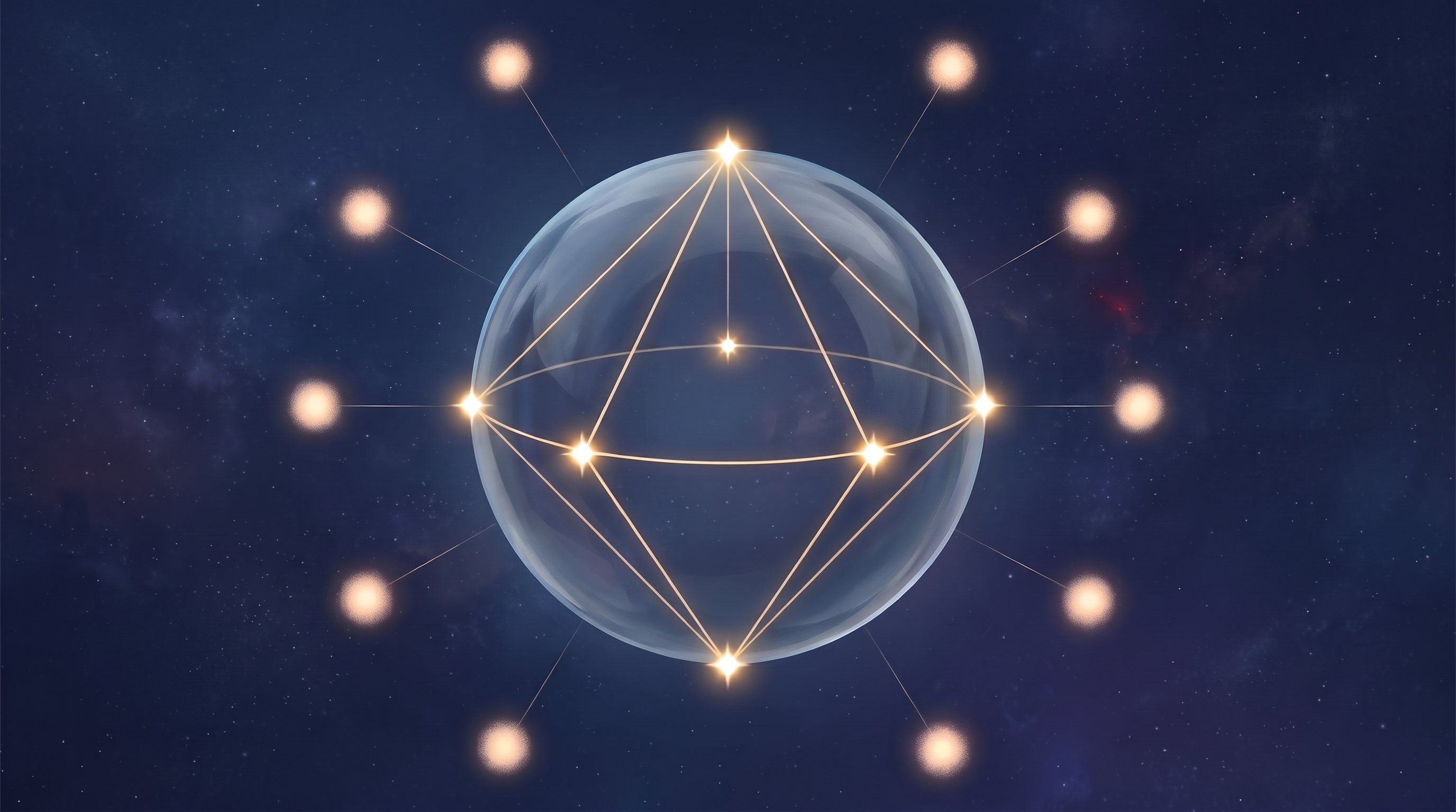 Transparent glass sphere in space with seven points of light: one at each pole and five on the equator, connected into a double pyramid. Ten balls of light around it each send a thread of light to the sphere.