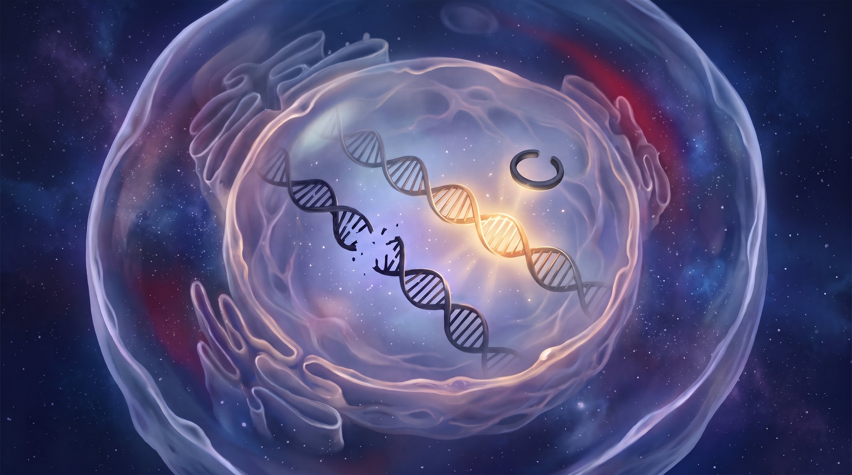 Transparent cell in space with two DNA strands in the nucleus: the left one is broken in the middle, the right one lights up gold in the middle. An open grey ring floats away from the glowing strand.