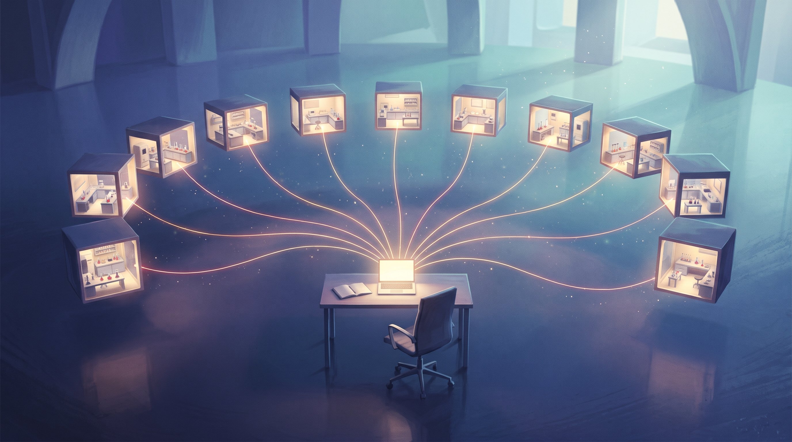 An empty desk with a glowing laptop and an open notebook; threads of light run from the laptop to eleven small floating laboratory rooms in an arc around it.