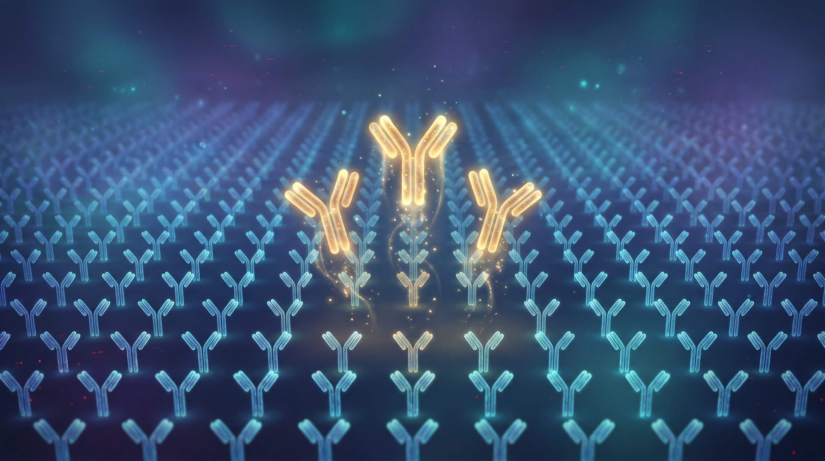 Thousands of light-blue Y-shaped antibodies stand in rows against a dark blue background; three golden ones float upwards in the middle.