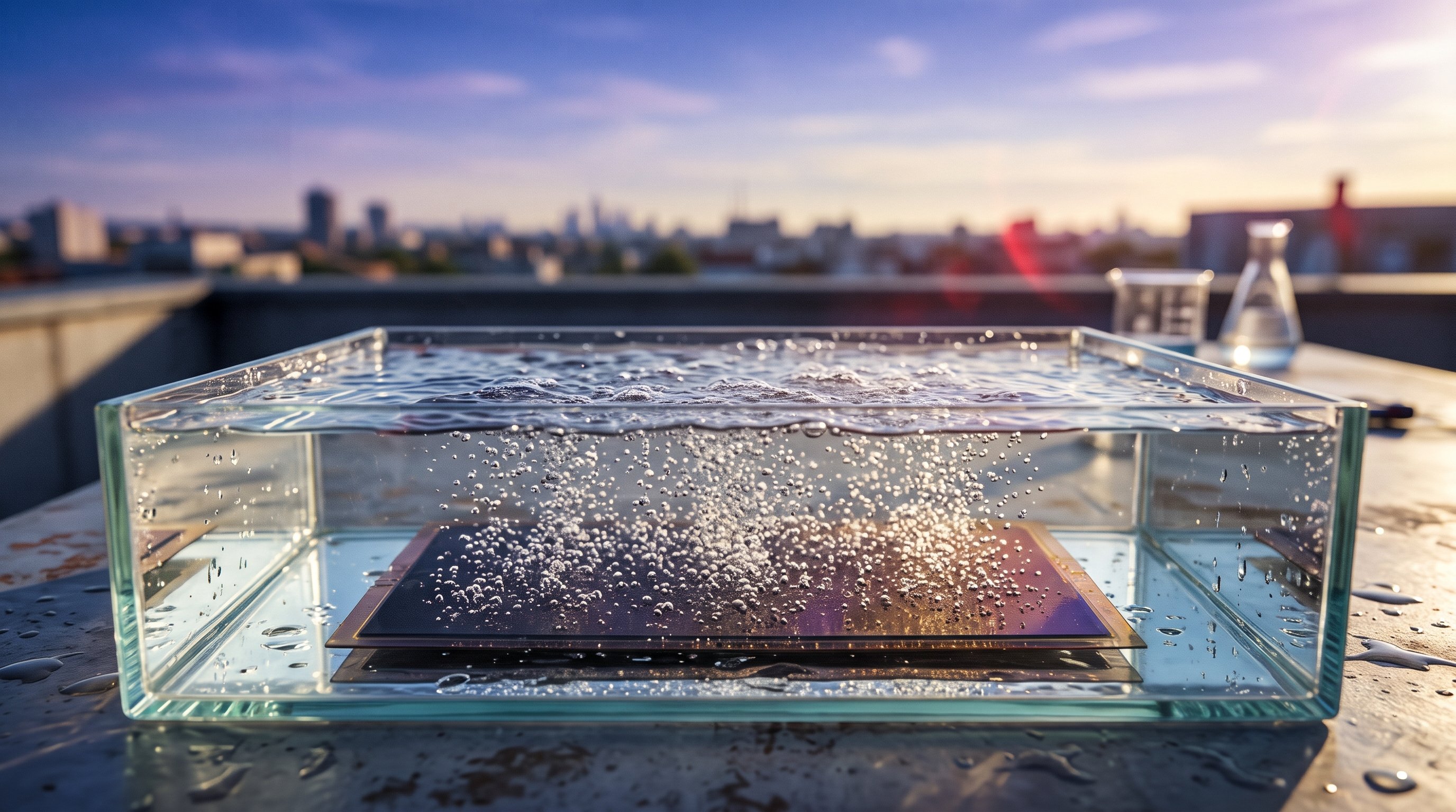 A thin, dark purple and amber plate of two stacked layers lies in a glass tray of water on a sunny rooftop; gas bubbles rise everywhere, with a city in the background.