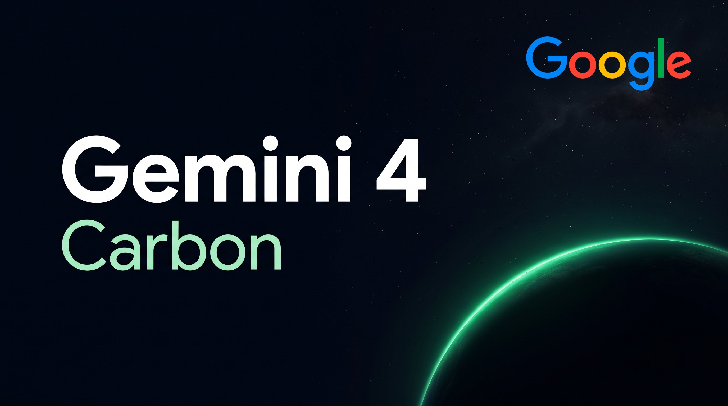 Title card with the words Gemini 4 in white and Carbon in light green against a dark starry sky, a planet with a glowing green rim at the bottom right and the Google logo at the top right.