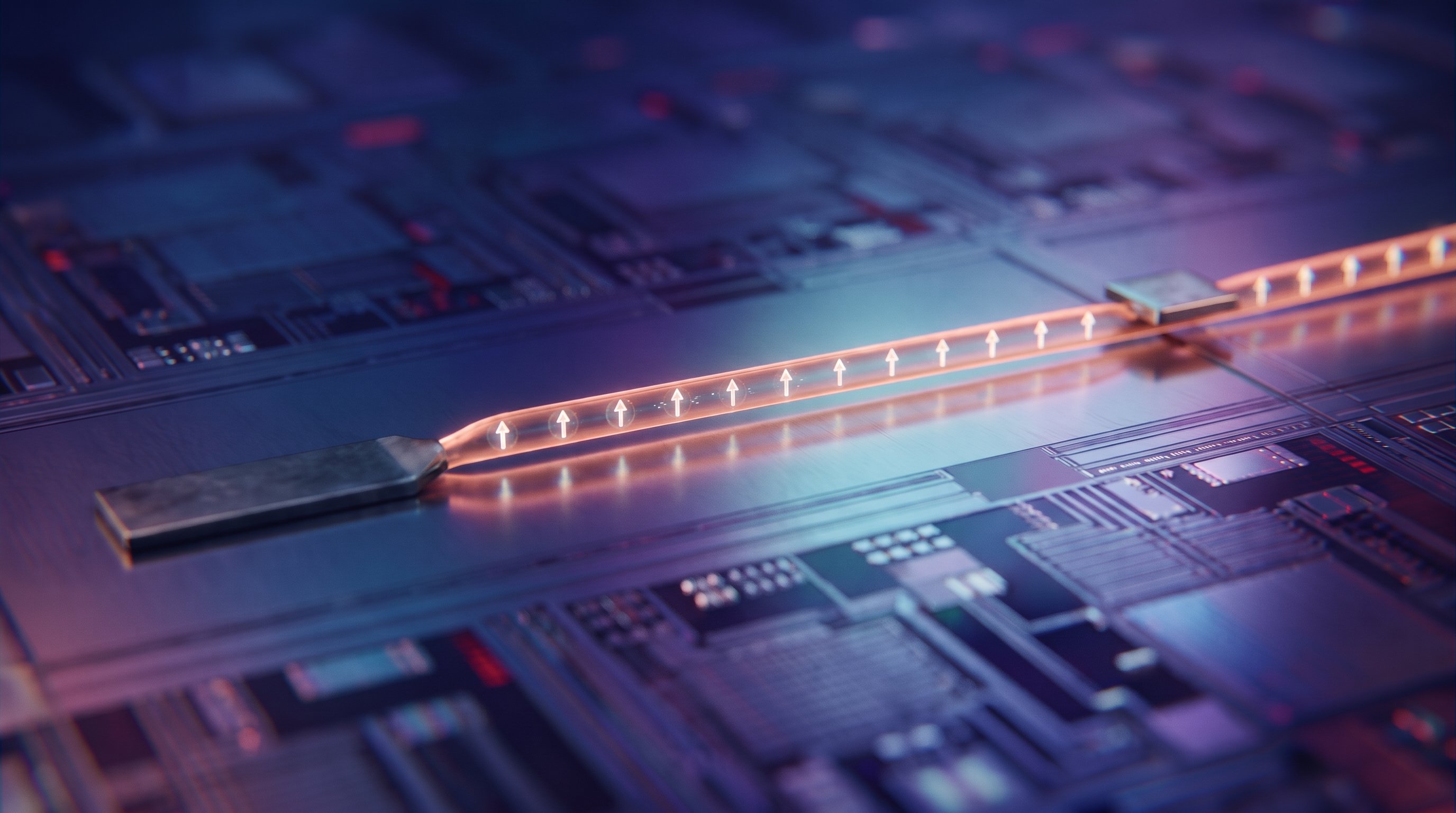 Close-up of a chip surface: a dark metal strip feeds into a glowing orange copper wire containing a row of white arrows that all point straight up. Further along, a small metal measuring pad sits on the wire.