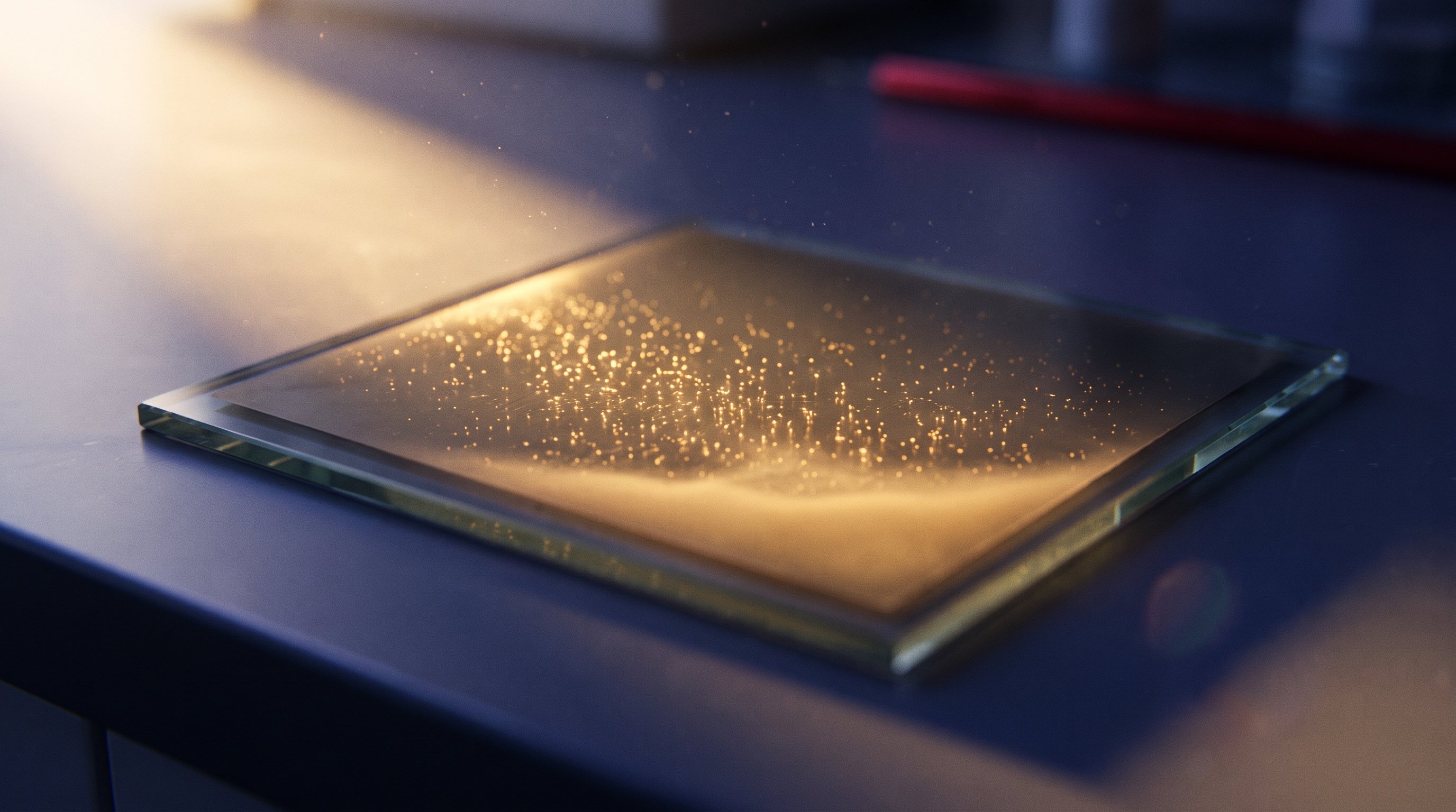 A square glass plate with a thin dark layer lies on a lab bench in warm sunlight. Countless golden specks of light sparkle in the layer above a softly glowing band of light.