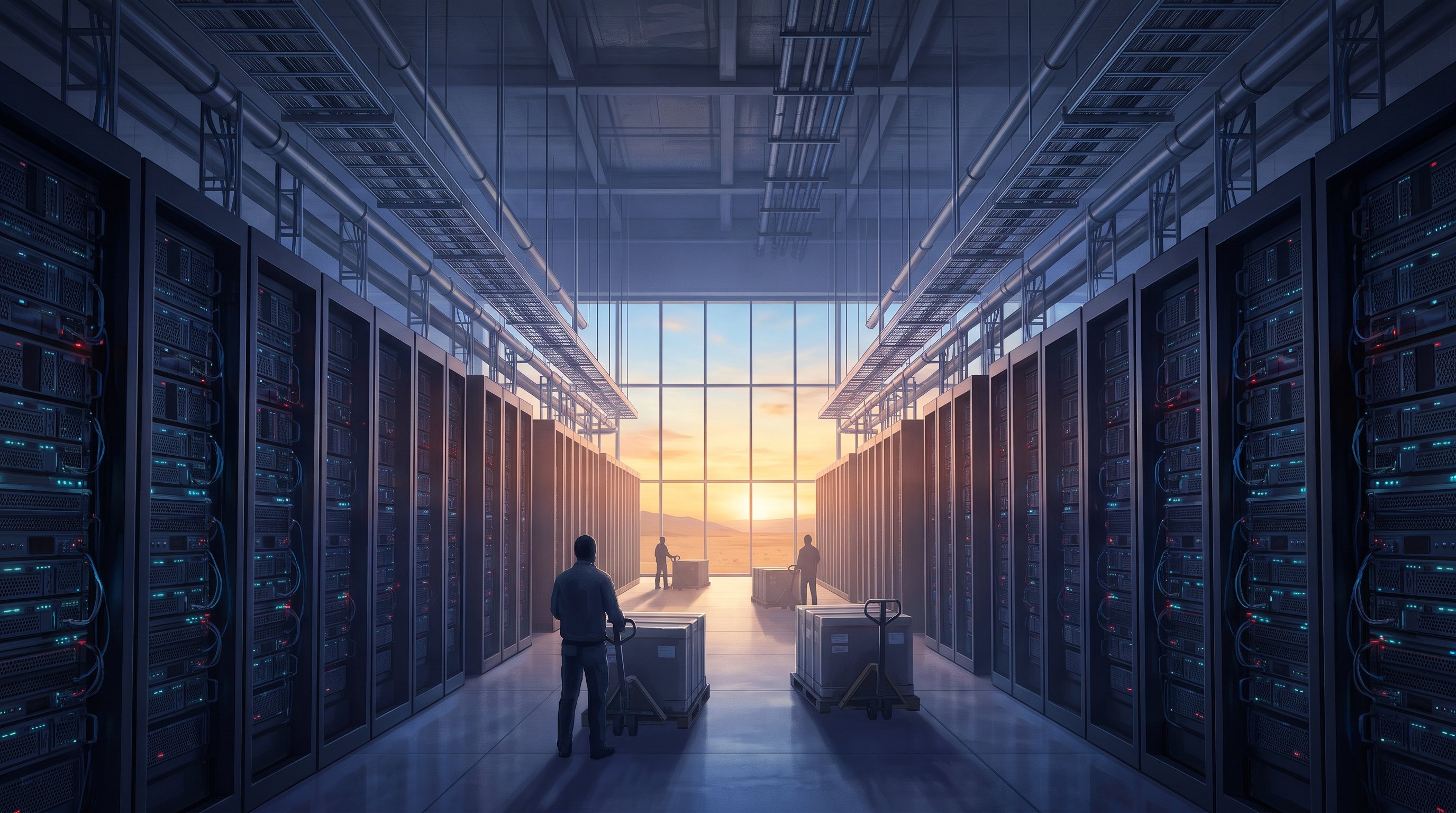 Long aisle between rows of black server cabinets with blue lights in a large data centre; workers wheel in crates of new equipment, and behind a glass wall the sun rises over a desert.