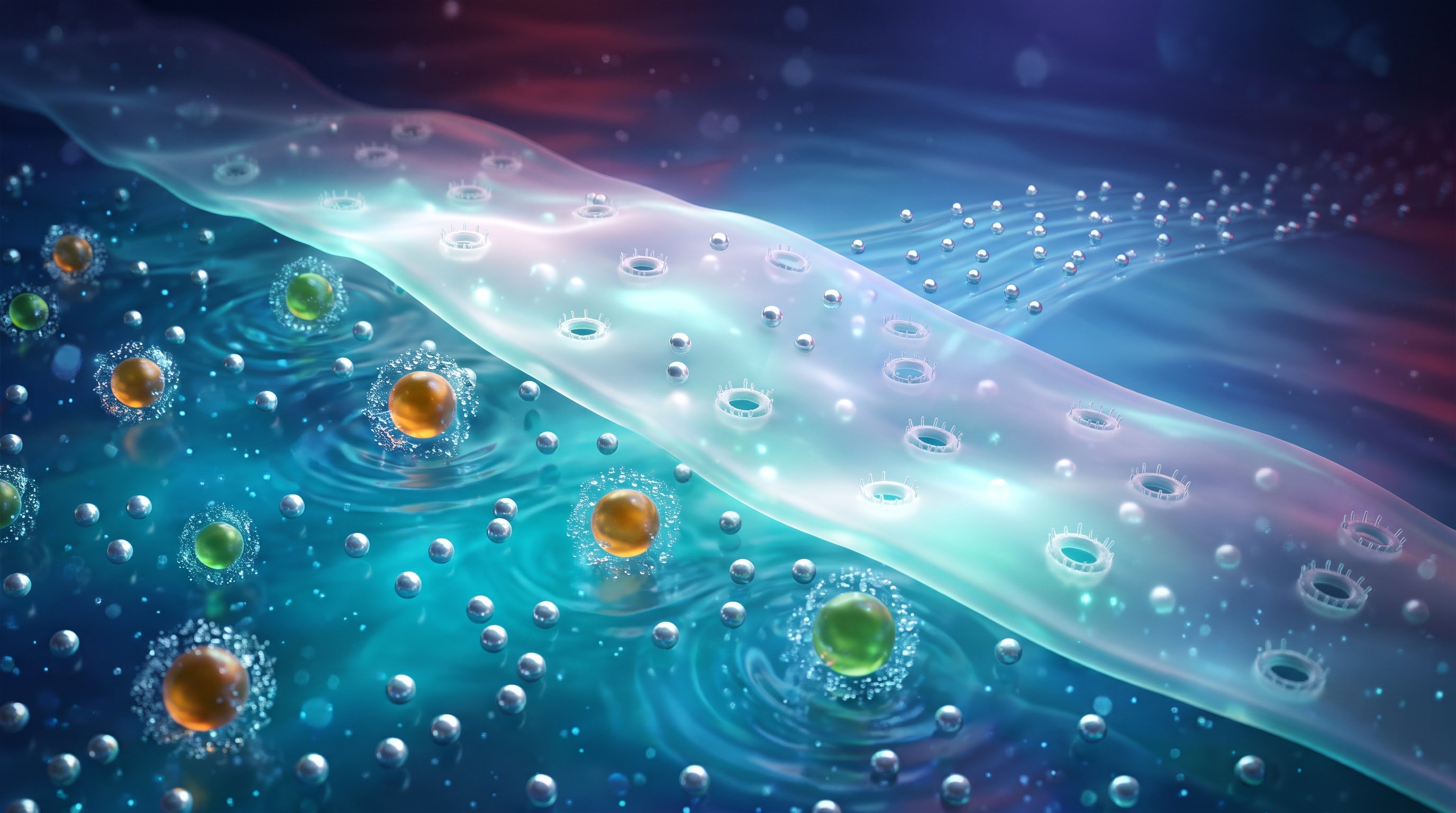Transparent membrane with small ring-shaped gates in turquoise water. Large orange and green spheres with a cloud of water droplets stay on one side, while small silver spheres flow on to the other side.