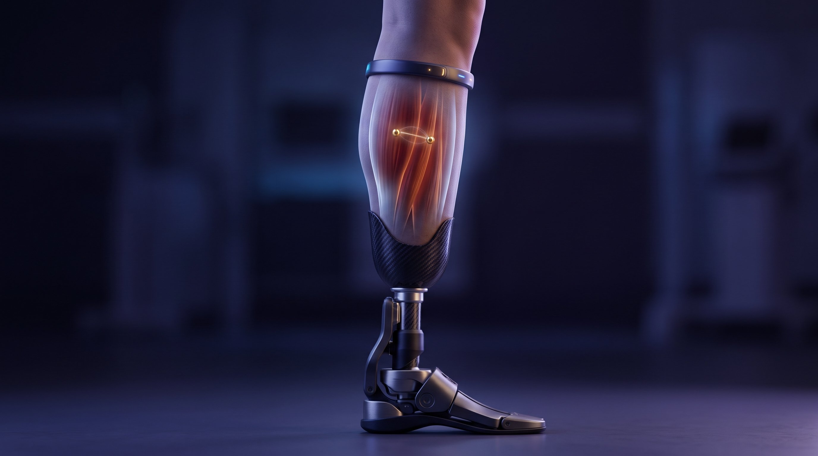Lower leg with a robotic prosthesis; through the translucent skin the calf muscles are visible, with two small gold magnets inside linked by a line of light, and a sensor band around the leg.