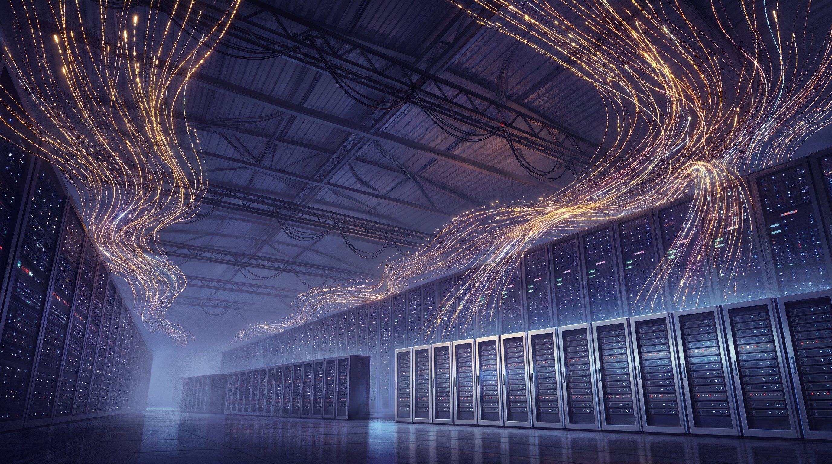 Large data centre hall with long rows of server racks full of blue lights, above which thousands of golden trails of light flow through the hall and disappear into the racks.