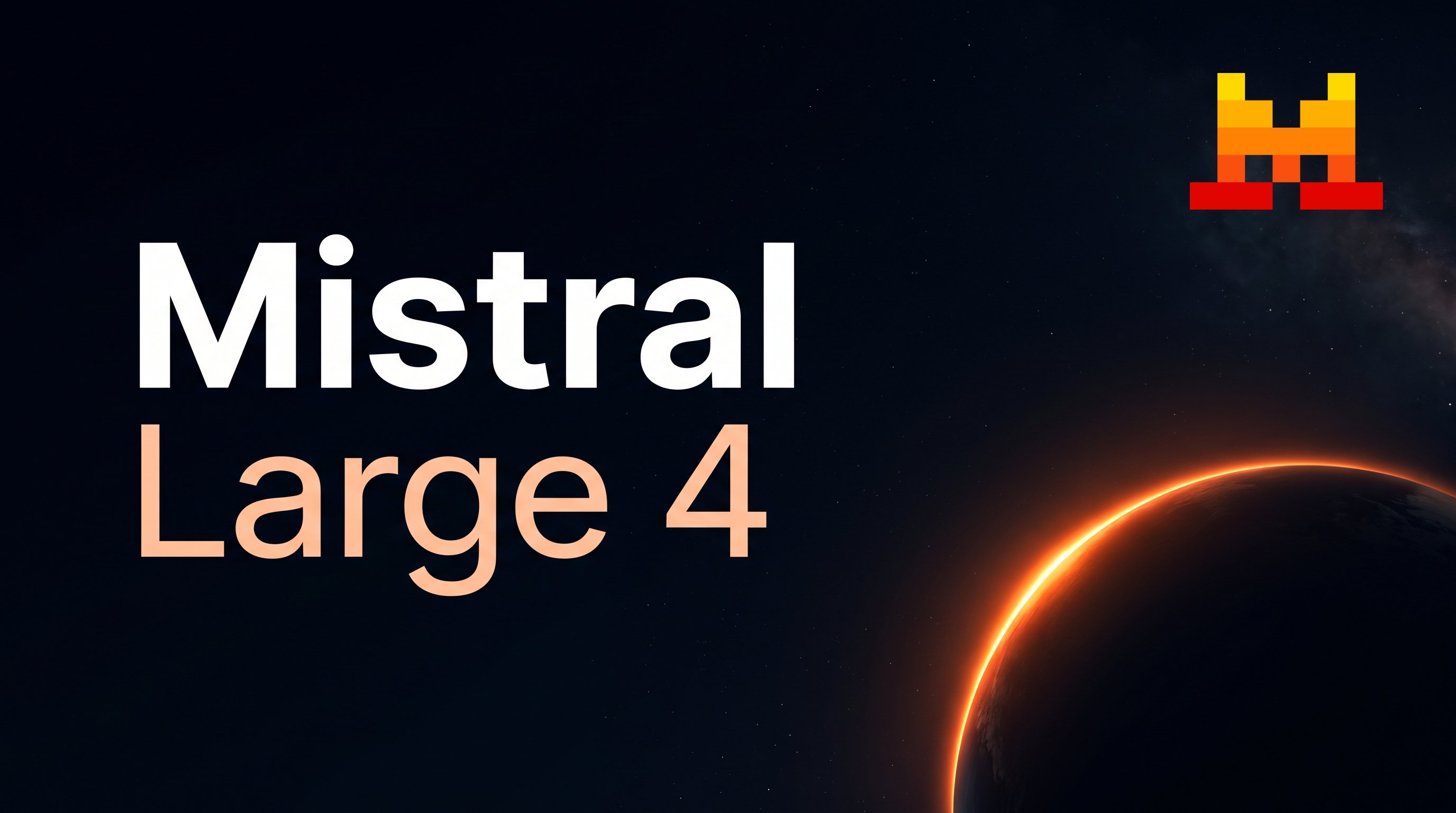 Title card with the words Mistral and Large 4 against a starry sky, with a dark planet with a glowing orange rim at the bottom right and the block-shaped Mistral AI logo at the top right.