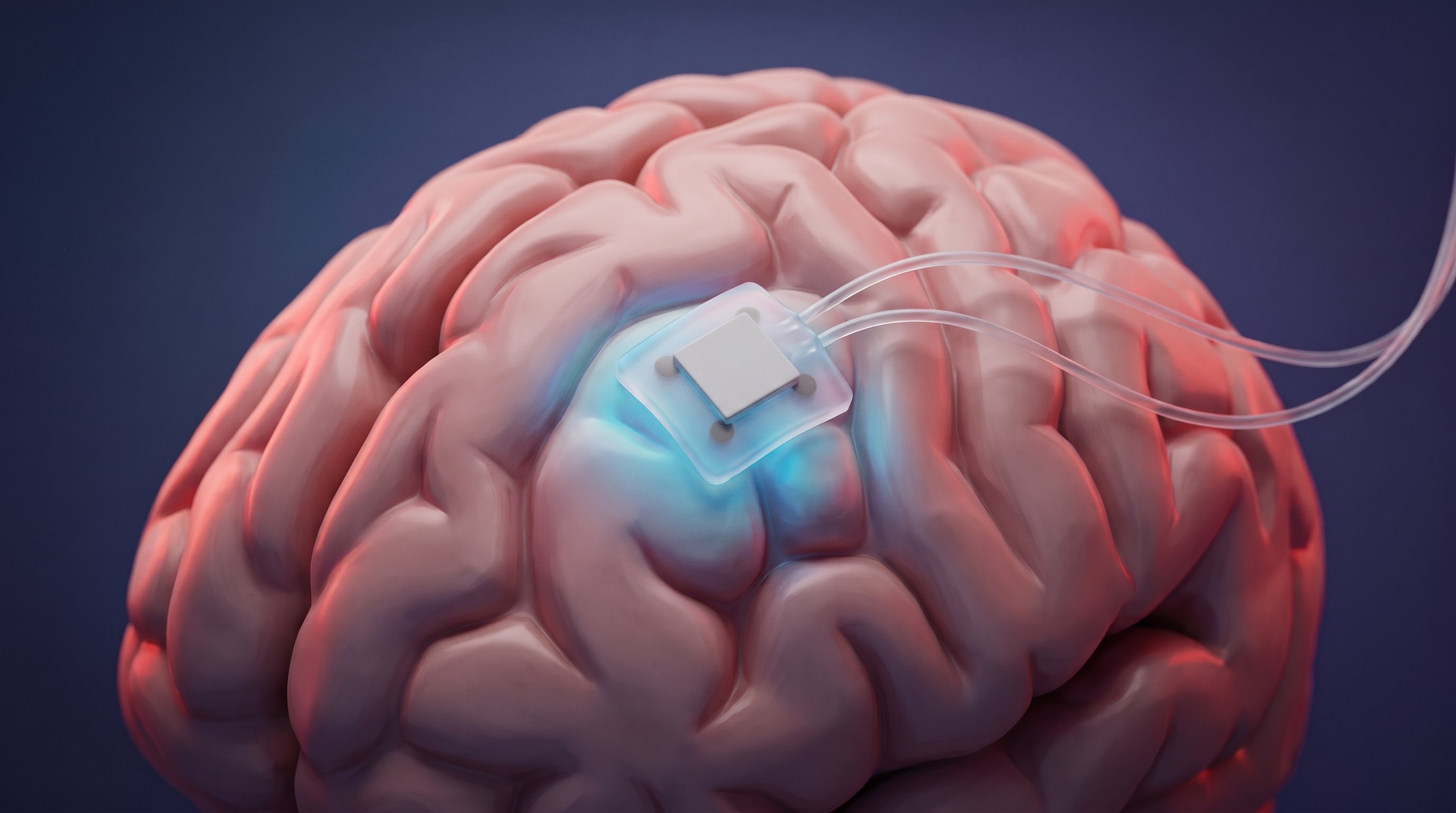 A small, transparent silicone patch with a square cooling element and four round electrodes lies on a pink brain; beneath it the brain surface glows cool blue, and two thin tubes lead away.