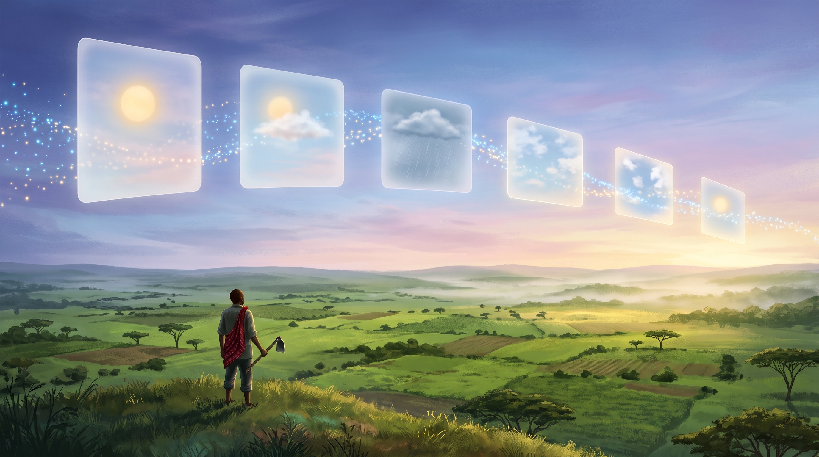 A farmer with a hoe stands on a hill above green farmland with acacia trees, looking at six transparent panels in the sky showing sun, clouds and rain, linked by a stream of points of light.
