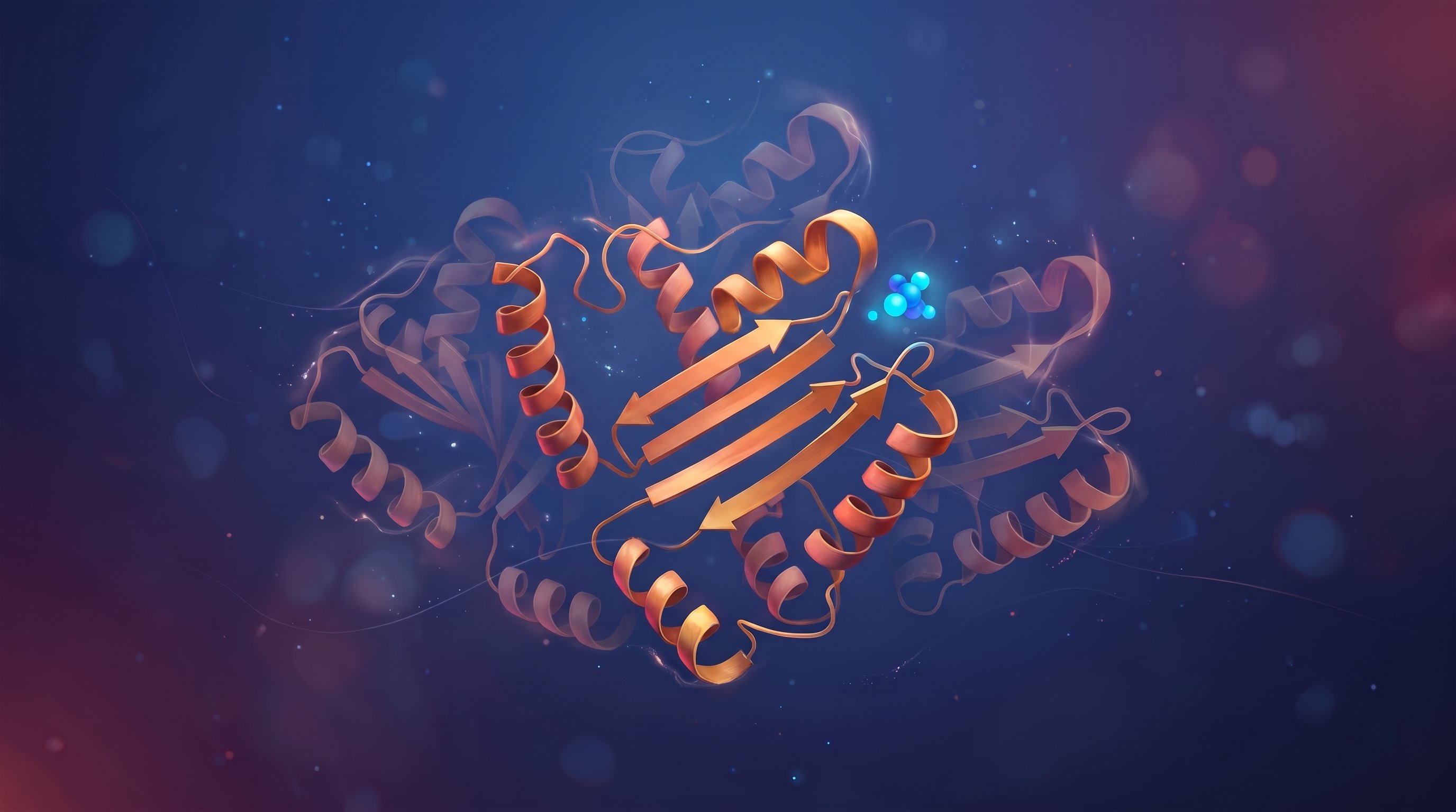 Ribbon model of an orange protein with spirals and a sheet of four arrow-shaped strands, surrounded by transparent versions in other poses, with a small blue molecule beside it on a dark blue background.