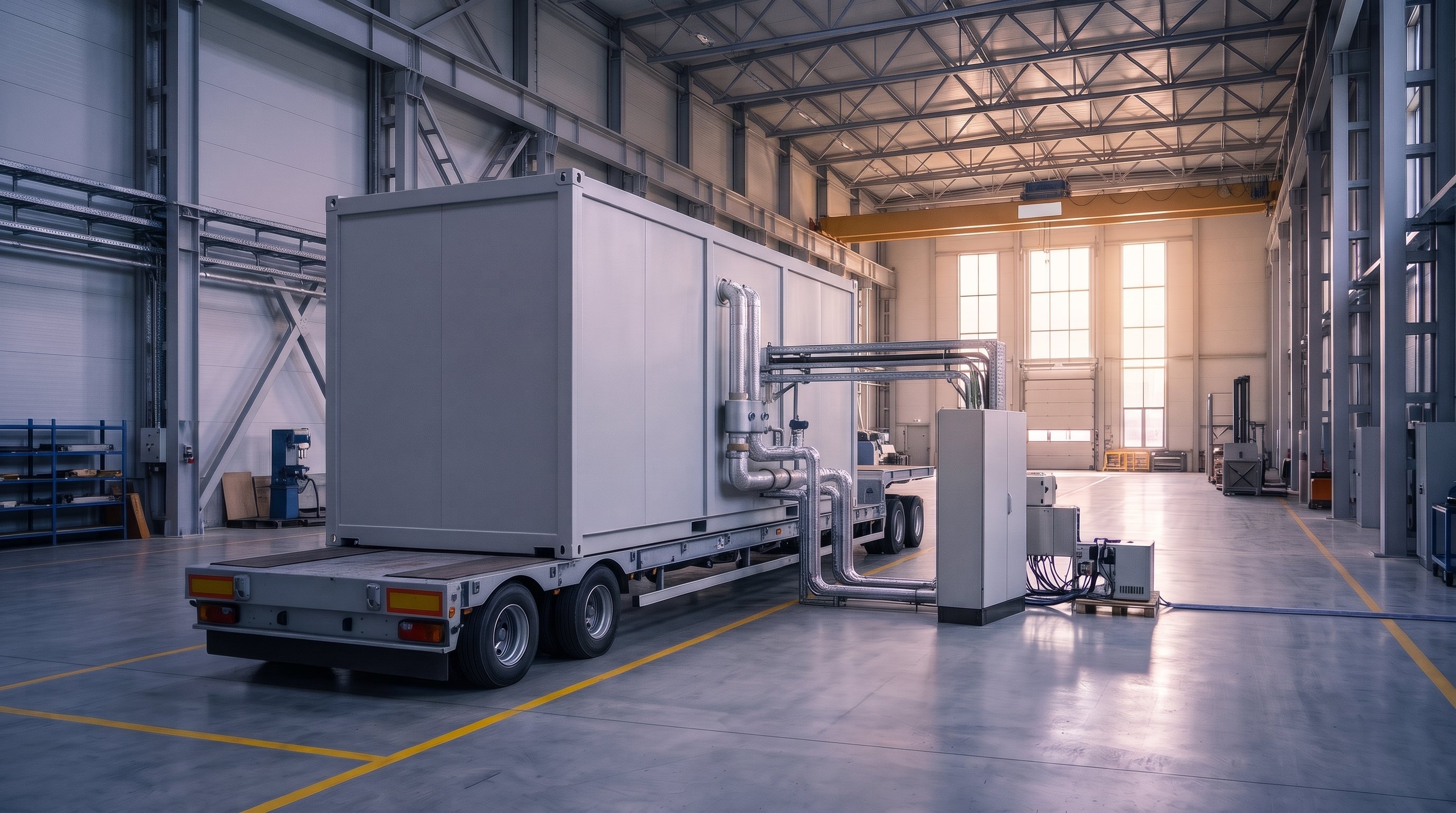 Grey nuclear reactor module the size of a shipping container on a flatbed trailer in a bright test hall, with insulated pipes to a control cabinet and sunlight through tall windows.