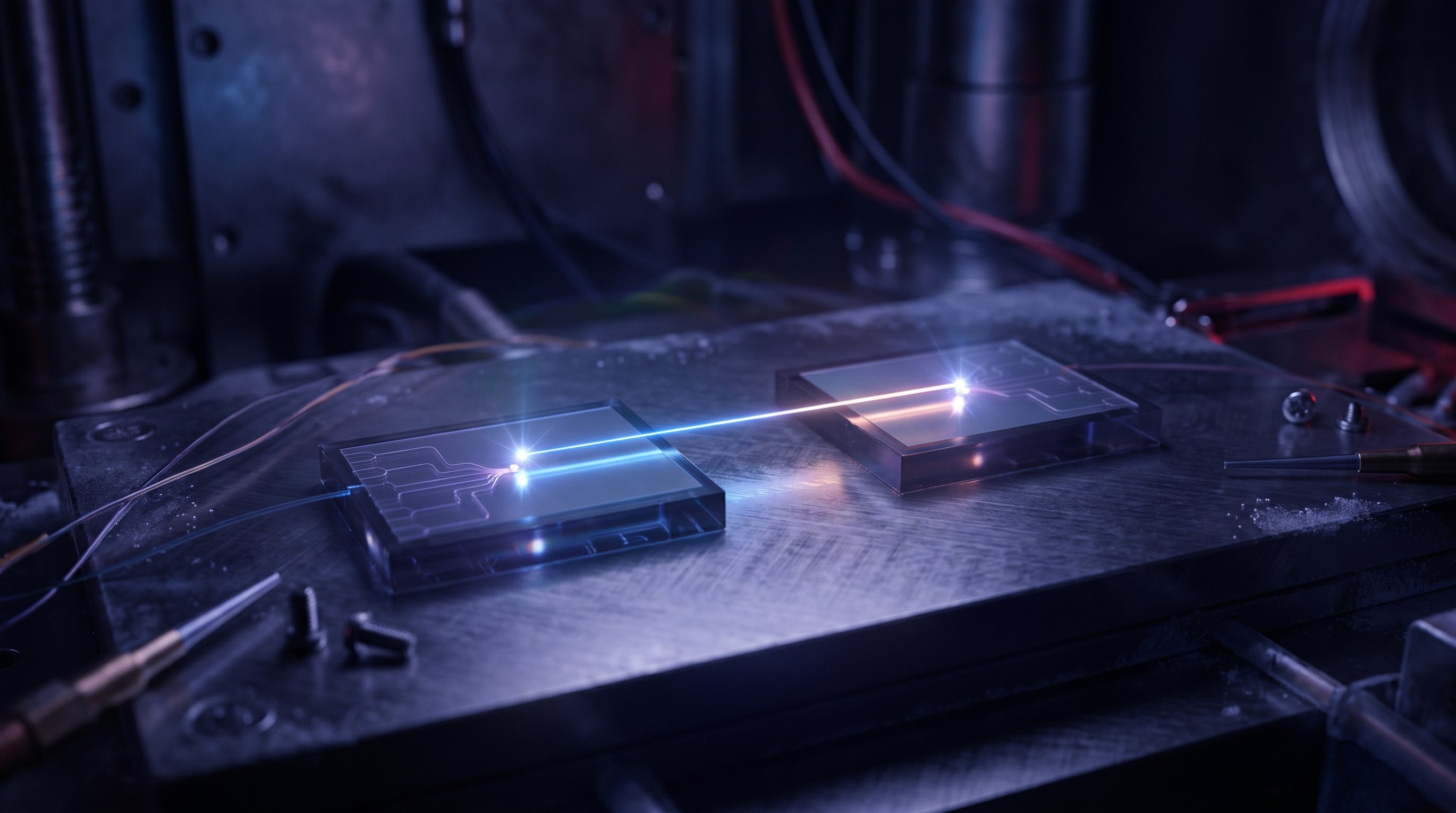 Two small transparent chips with fine light channels on a dark metal plate in a lab, connected by a single thin glowing beam of light between two bright points of light.