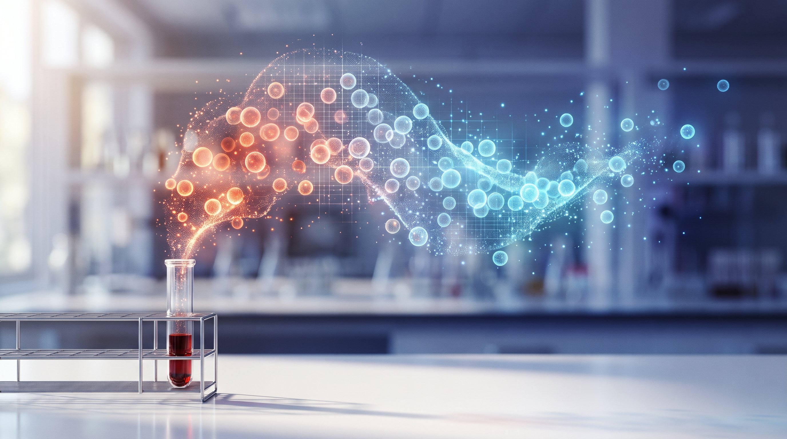 A test tube of blood in a metal rack on a lab bench, with a glowing digital cloud of spherical cells rising from it, changing from orange-red to calm blue.