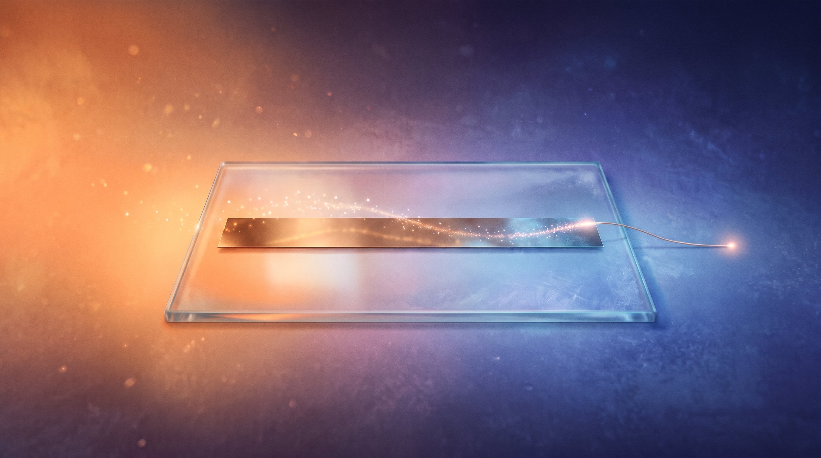 A thin bronze-coloured strip lies flat on a small glass plate between a warm orange side and a cool blue side; light particles flow along it to a thin wire that makes a small point of light glow.